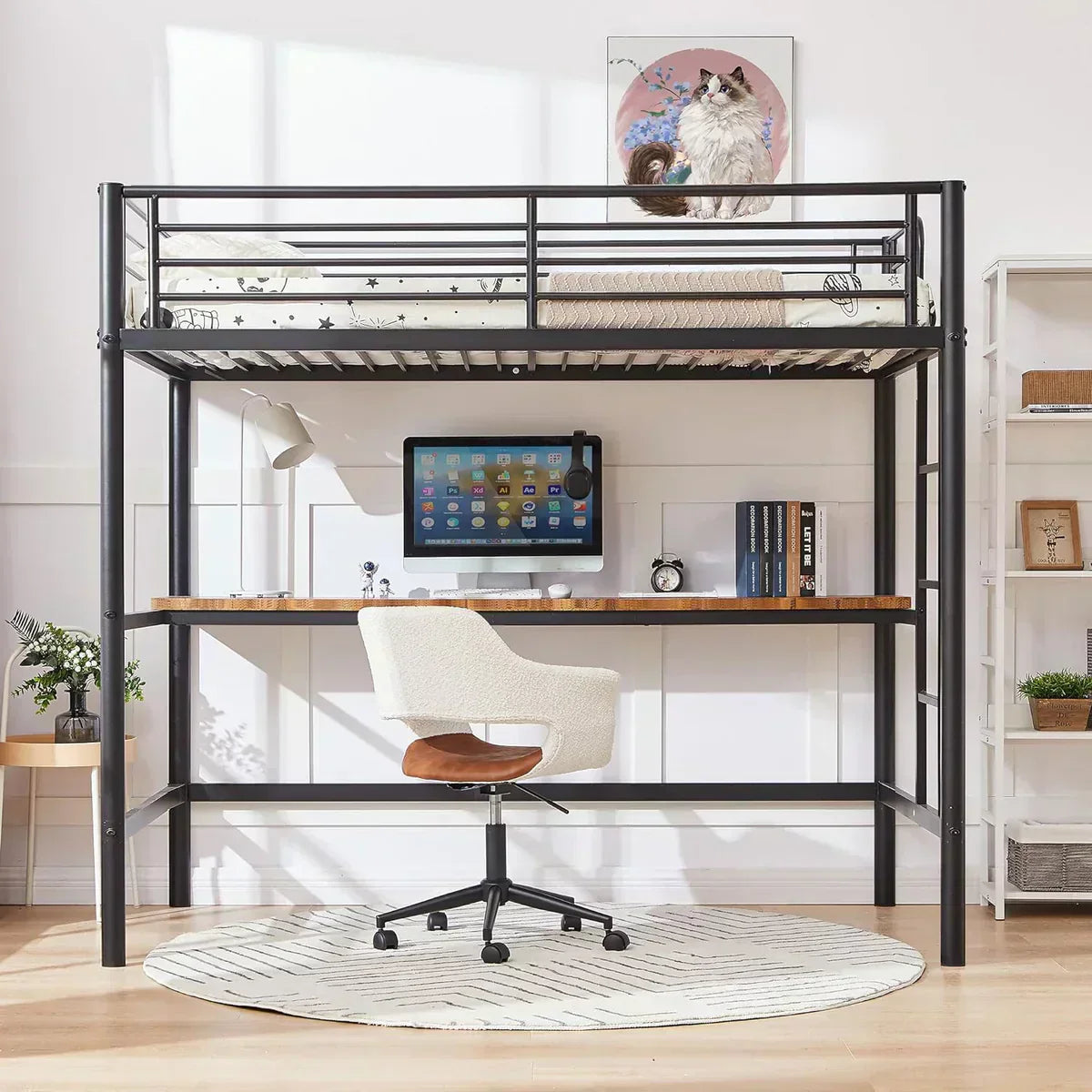 Black metal loft bed with a built-in wooden desk underneath, featuring a computer workstation, swivel chair, bookshelves, and decor in a bright, modern bedroom.