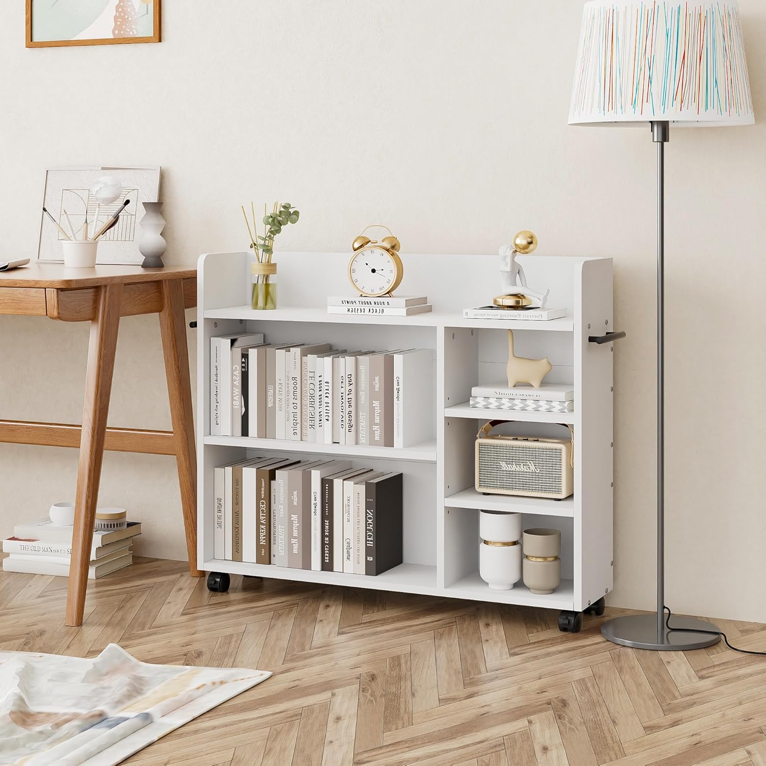 VECELO white bookshelf with wheels, modern rolling storage shelf for books and decor, space-saving furniture for home office or living room