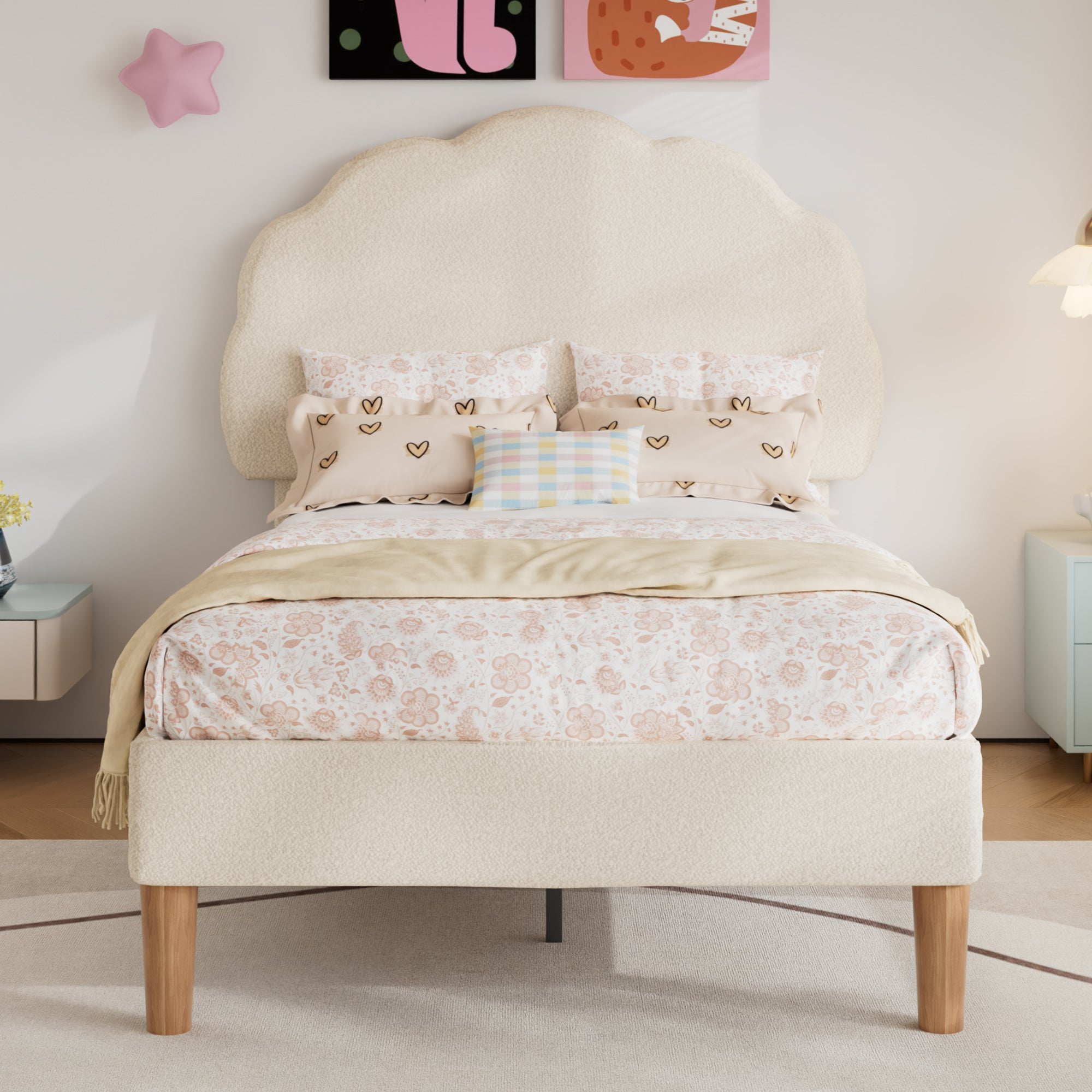 VECELO Twin Size Bed Frame, Upholstered Platform Bedframe with Height Adjustable Plush Fabric Headboard