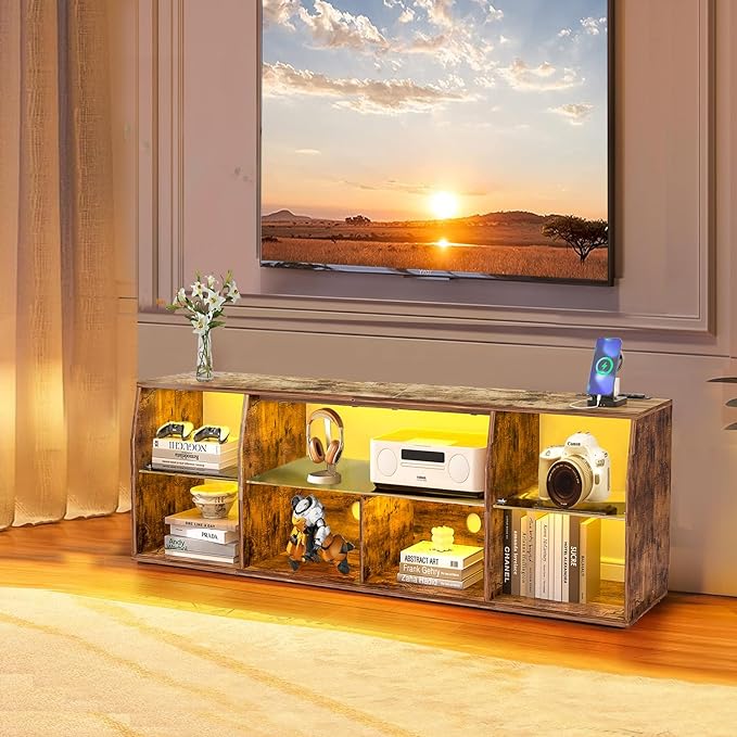 VECELO TV Stand with LED Strip & Power Outlets, Industrial Entertainment Center