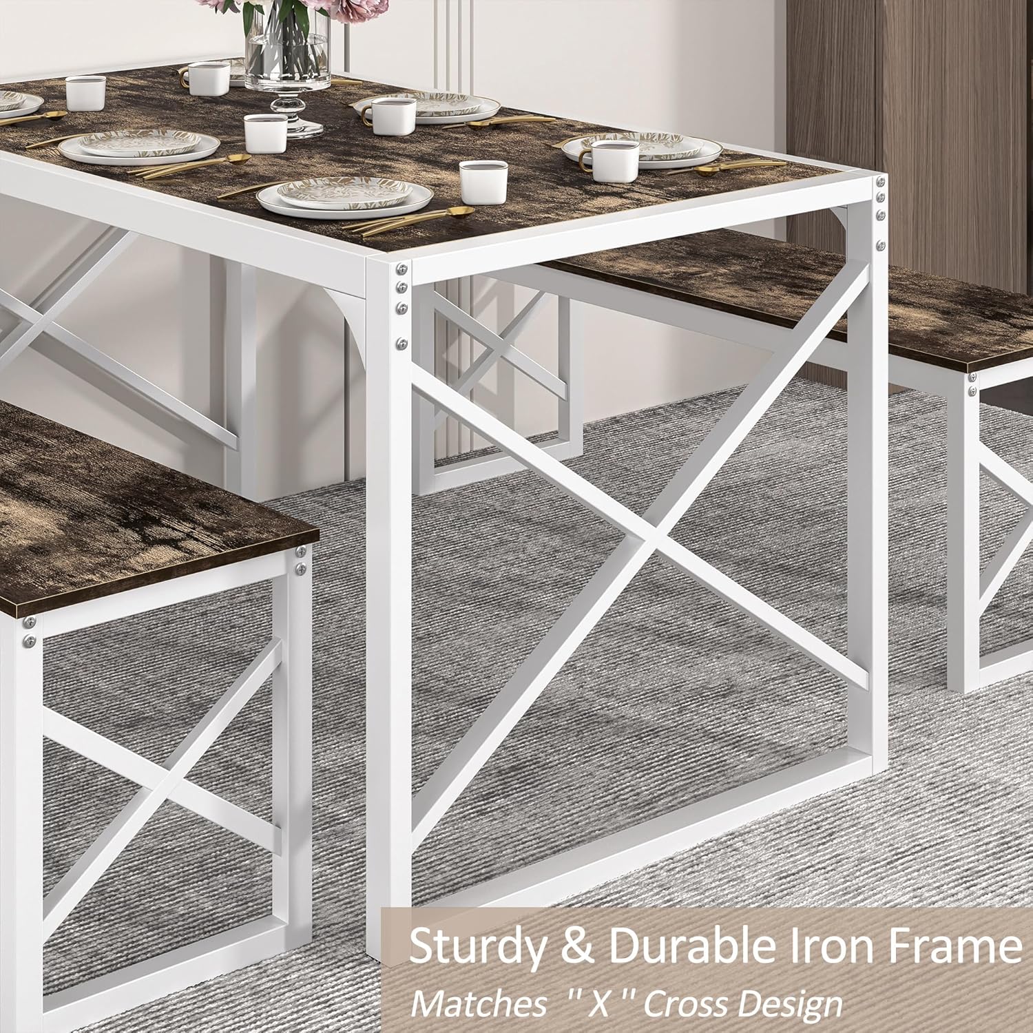 VECELO Kitchen Table with 2 Benches for 4 - VECELO