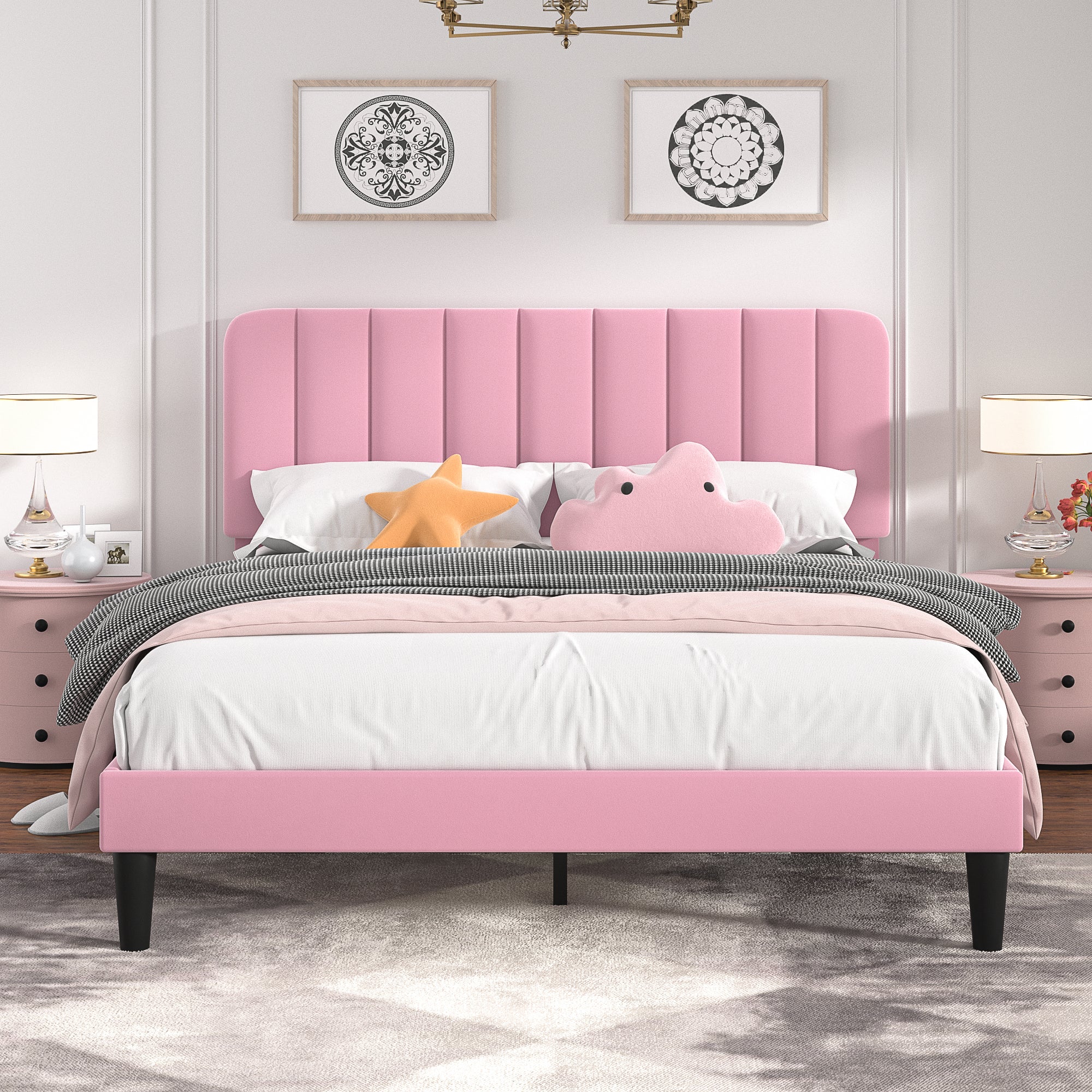VECELO Upholstered Platform bedframe with Adjustable Headboard