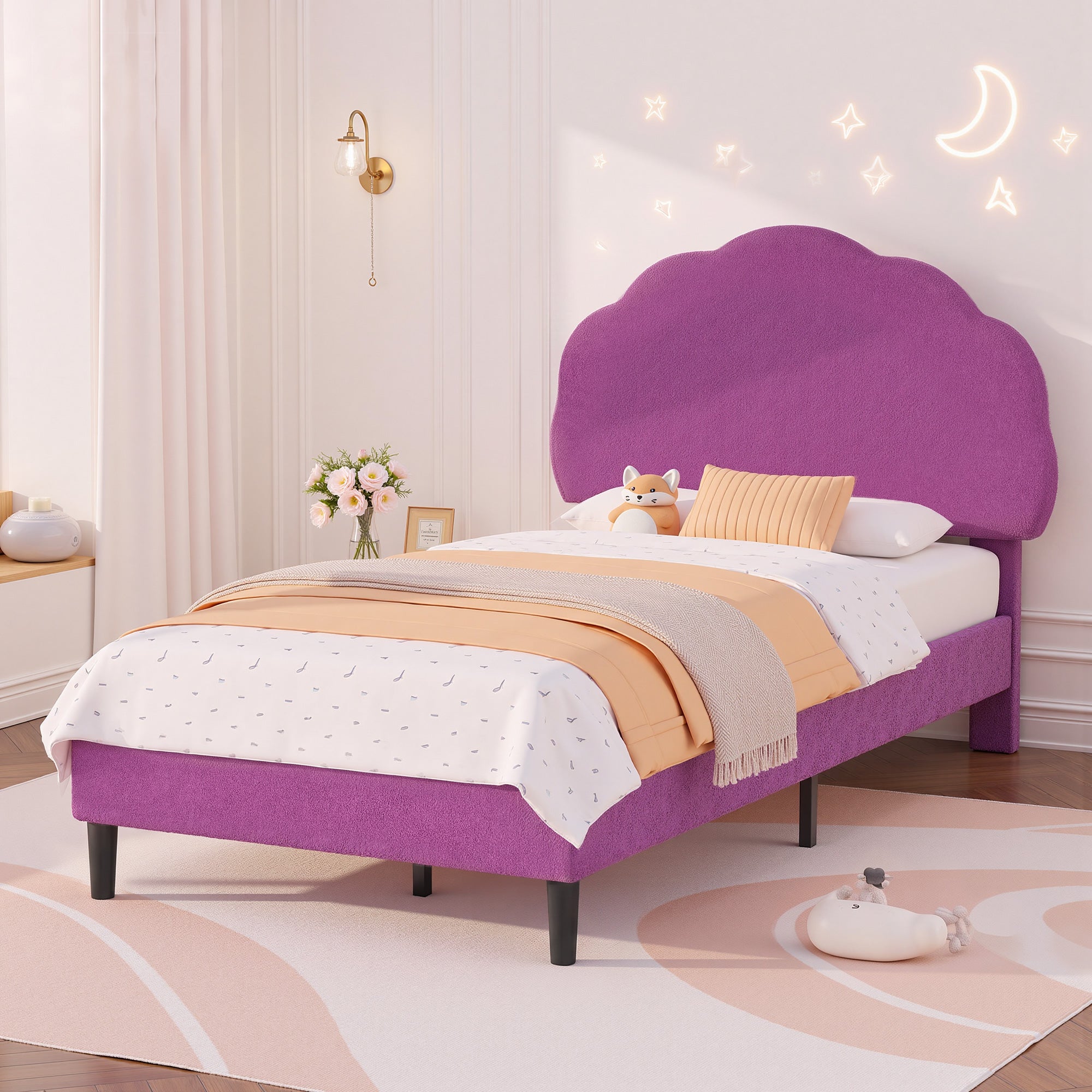 VECELO Twin Size Bed Frame, Upholstered Platform Bedframe with Height Adjustable Plush Fabric Headboard