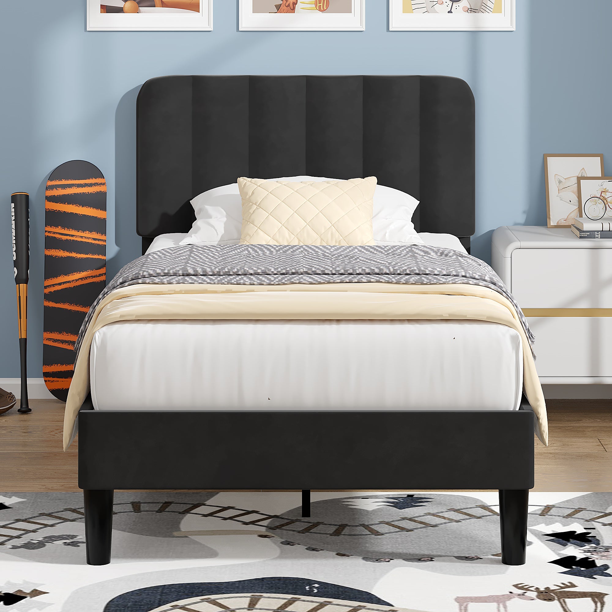 VECELO Upholstered Platform bedframe with Adjustable Headboard