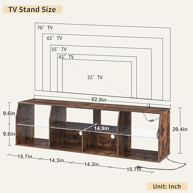 VECELO TV Stand with LED Strip & Power Outlets, Industrial Entertainment Center