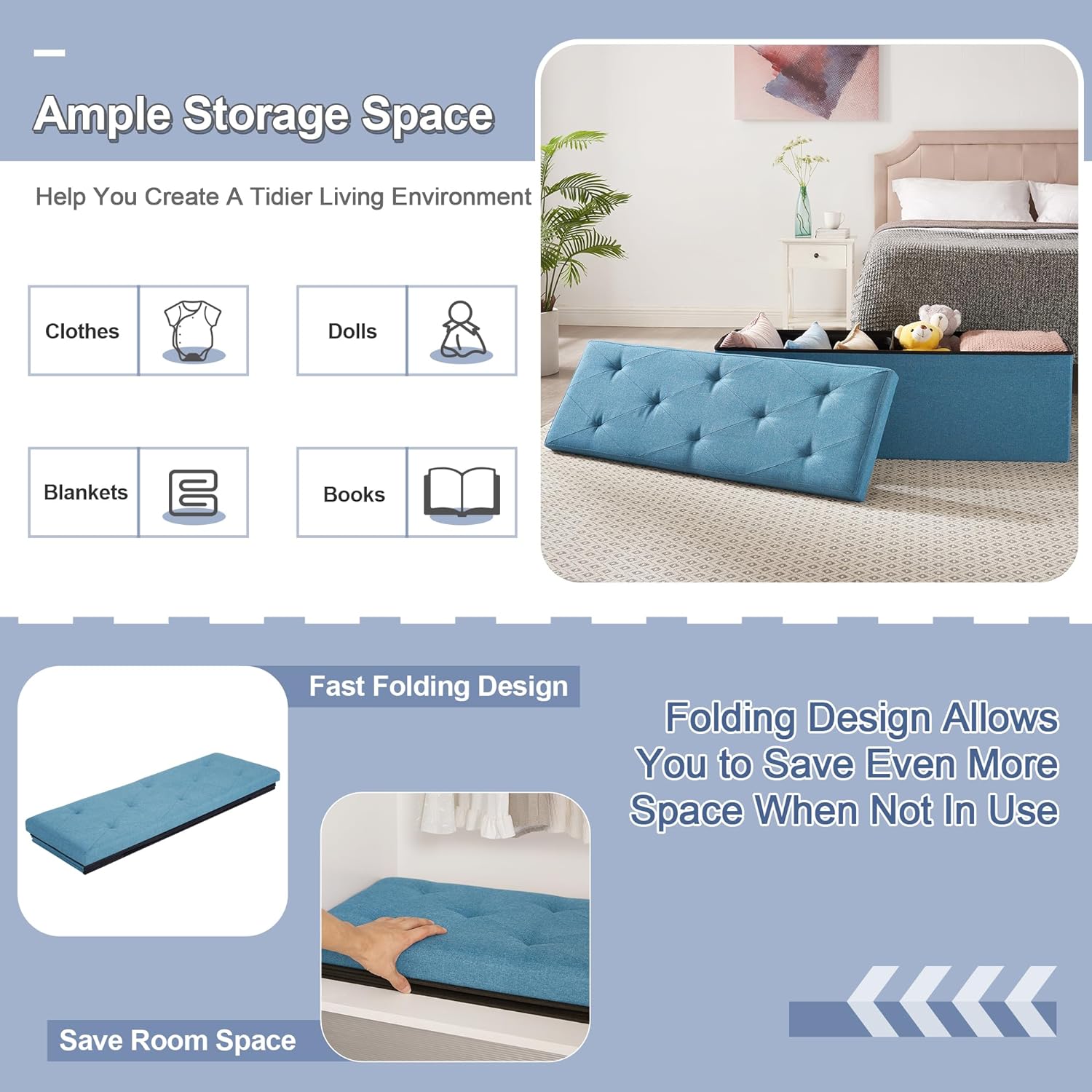 VECELO Folding Storage Ottoman Bench, Storage Chest, Linen Fabric