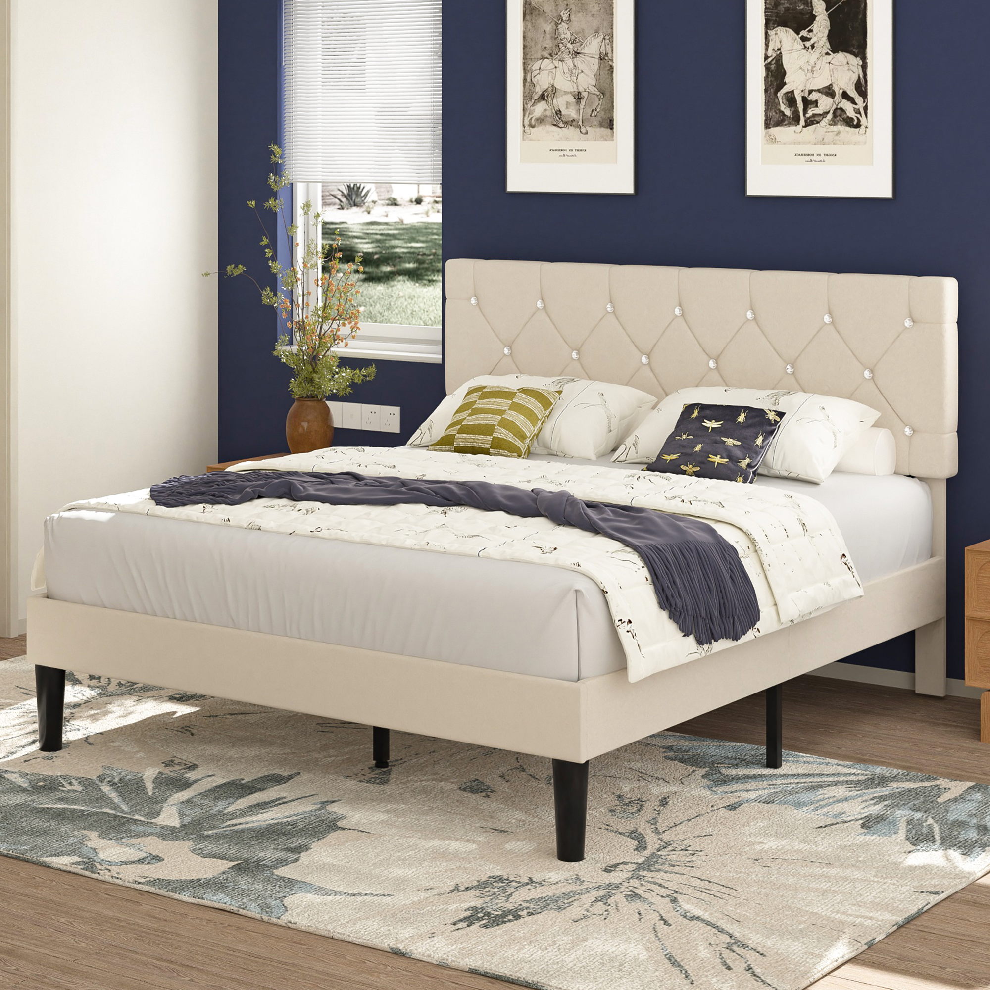 VECELO Twin Size Bed Frame, Upholstered Platform with Adjustable Diamond Tufted Headboard