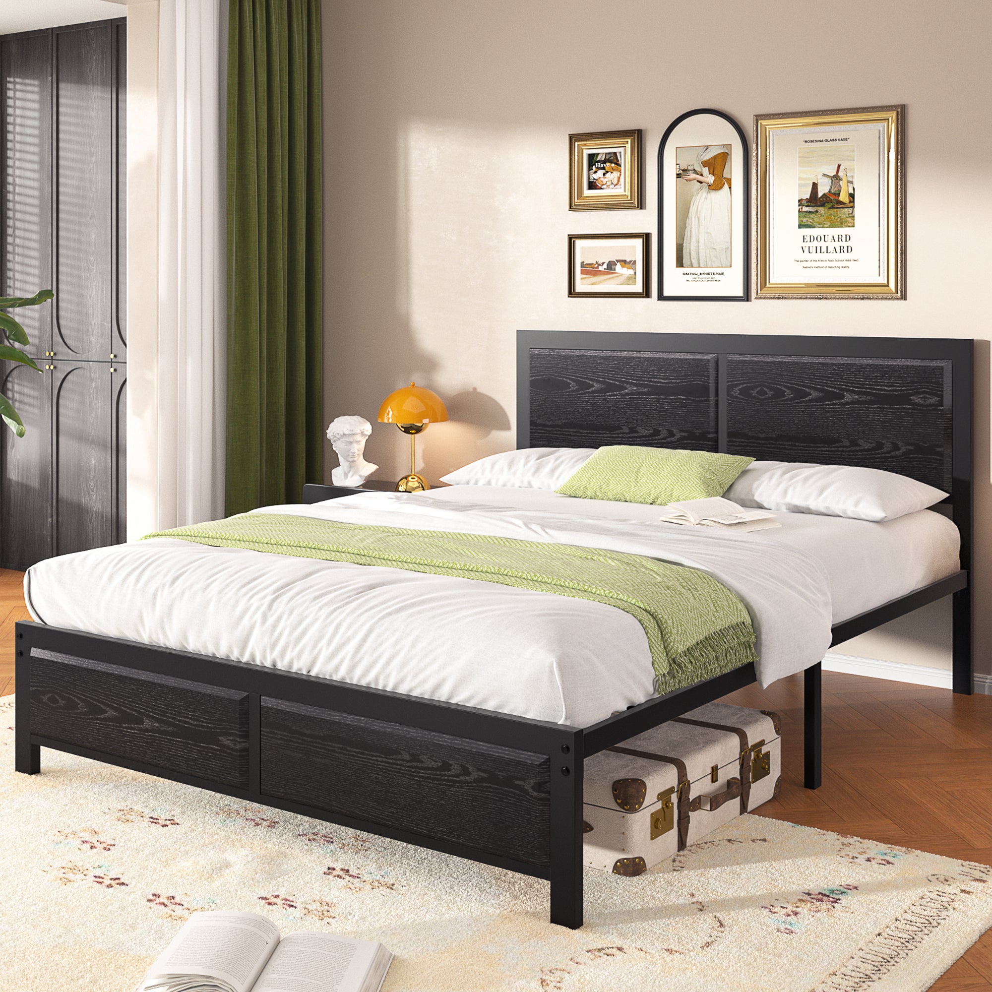 VECELO Platform Bed Frame, Mattress Foundation with Rustic Vintage Wood Headboard