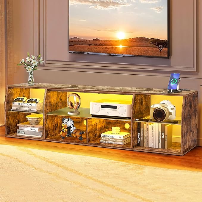 VECELO TV Stand with LED Strip & Power Outlets, Industrial Entertainment Center