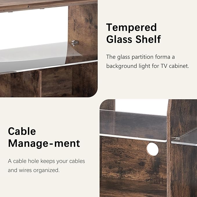 VECELO TV Stand with LED Strip & Power Outlets, Industrial Entertainment Center