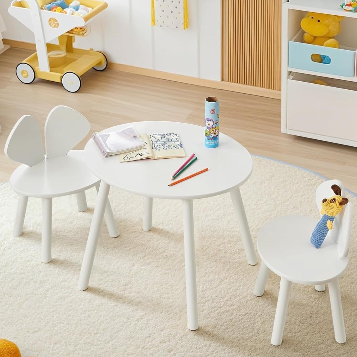 VECELO Kids Table and Chairs Set, Oval Tabletop and 2 Rabbit Chairs