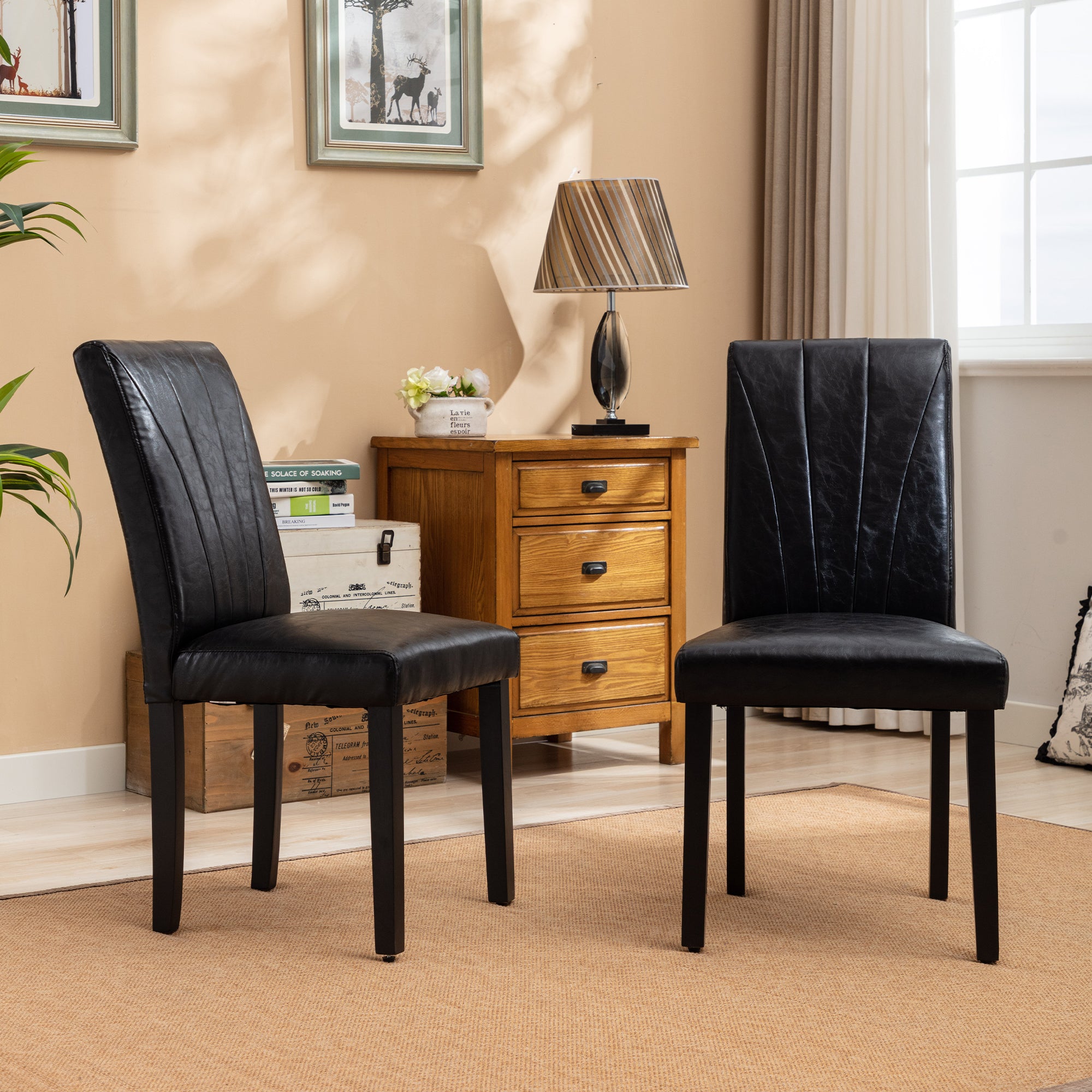 VECELO Set of 2 Upholstered Dining Chairs, Modern Fabric and Solid Wood Legs & High Back