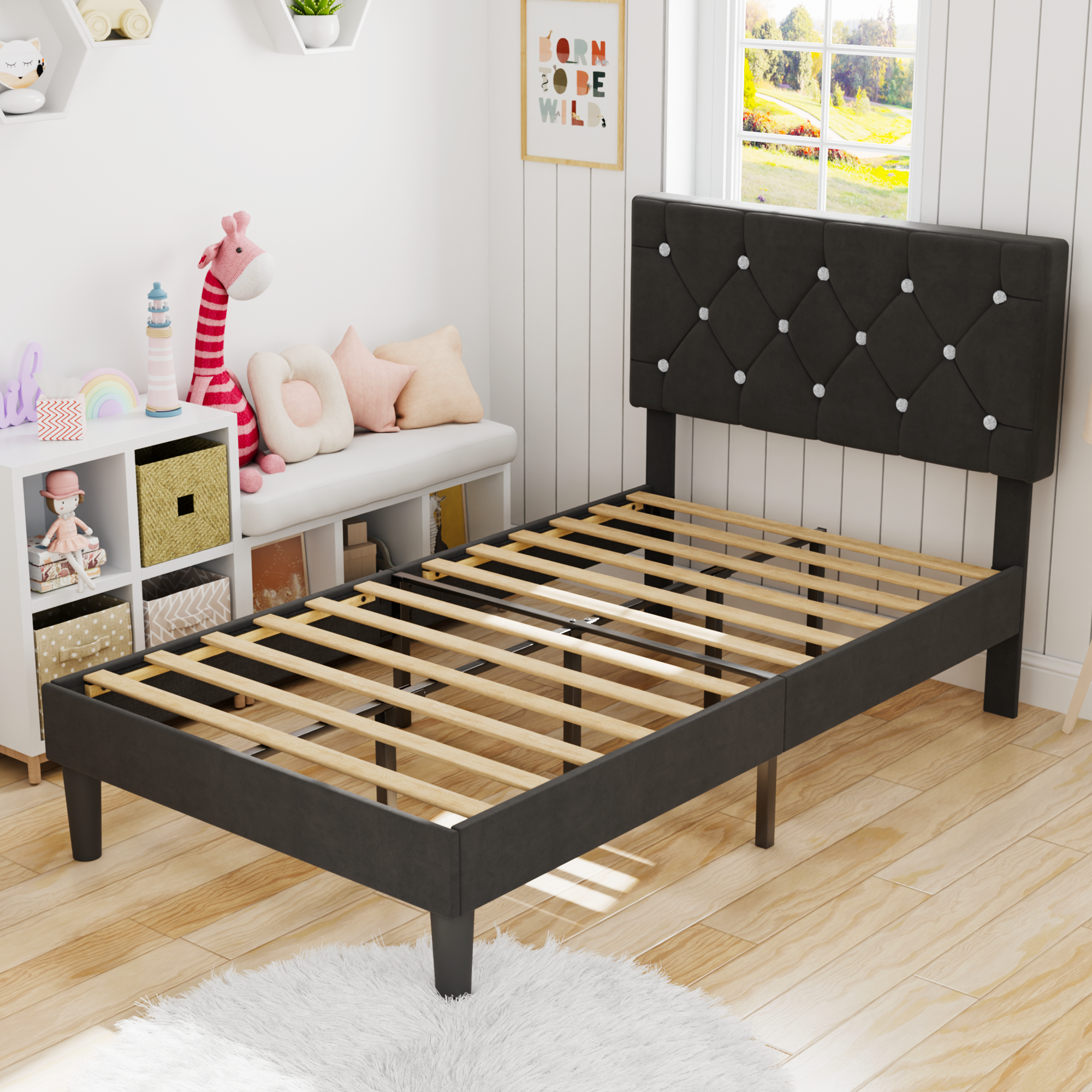 VECELO Bed Frame, Upholstered Platform with Adjustable Diamond Tufted Headboard