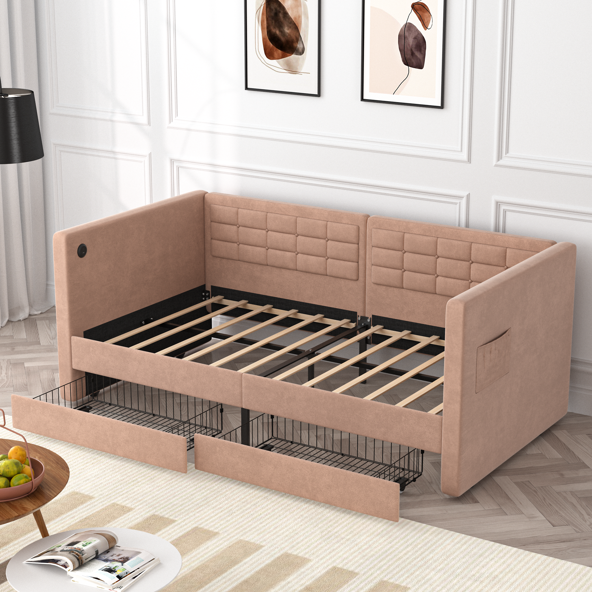 VECELO Twin Daybed with Storage Drawers, Upholstered Day Bed with Button Tufted headboard and Wood Slat Support