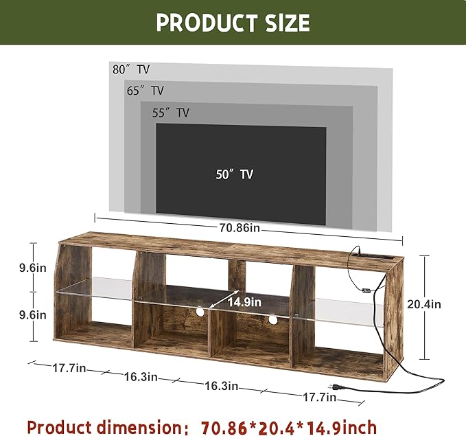 VECELO TV Stand with LED Strip & Power Outlets, Industrial Entertainment Center