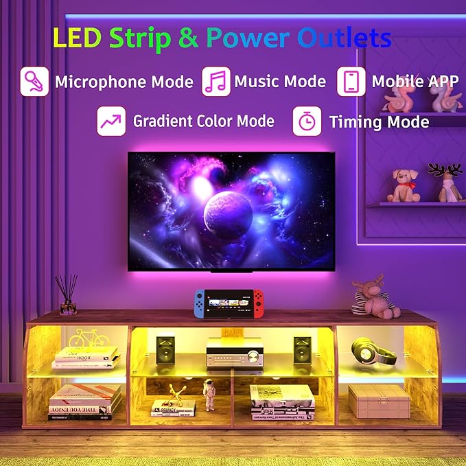VECELO TV Stand with LED Strip & Power Outlets, Industrial Entertainment Center
