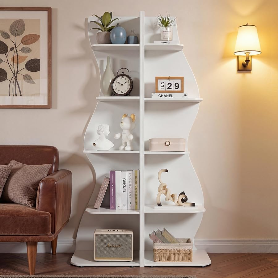 VECELO Wavy Corner Shelf, Decorative 5-Tier Storage Bookshelf
