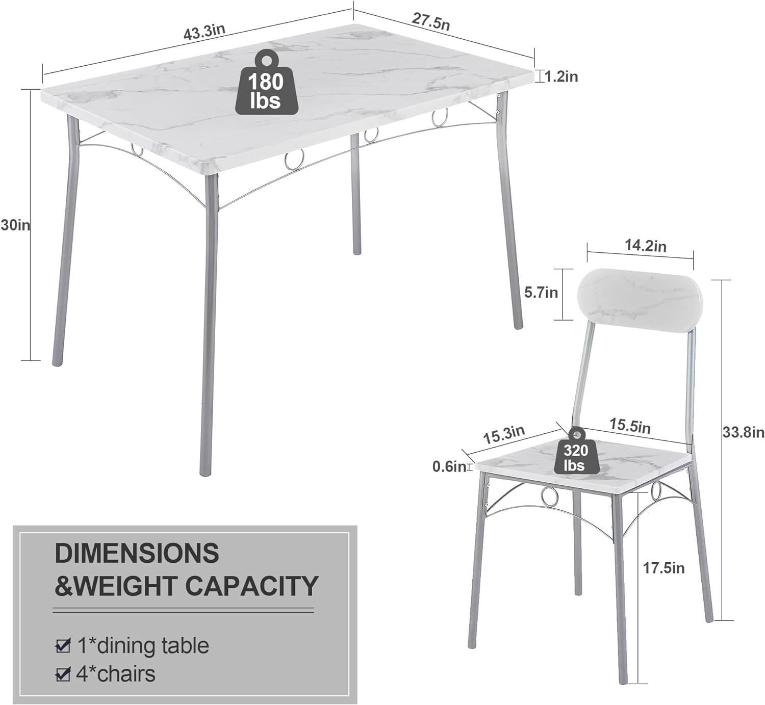 VECELO Farmhouse Style 5 Piece Dining Table Set Metal and Wood Rectangular Table with 4 Chairs - VECELO