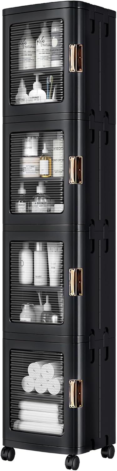 VECELO 4-Tier Plastic Tall Narrow Storage Cabinet with Movable Wheels