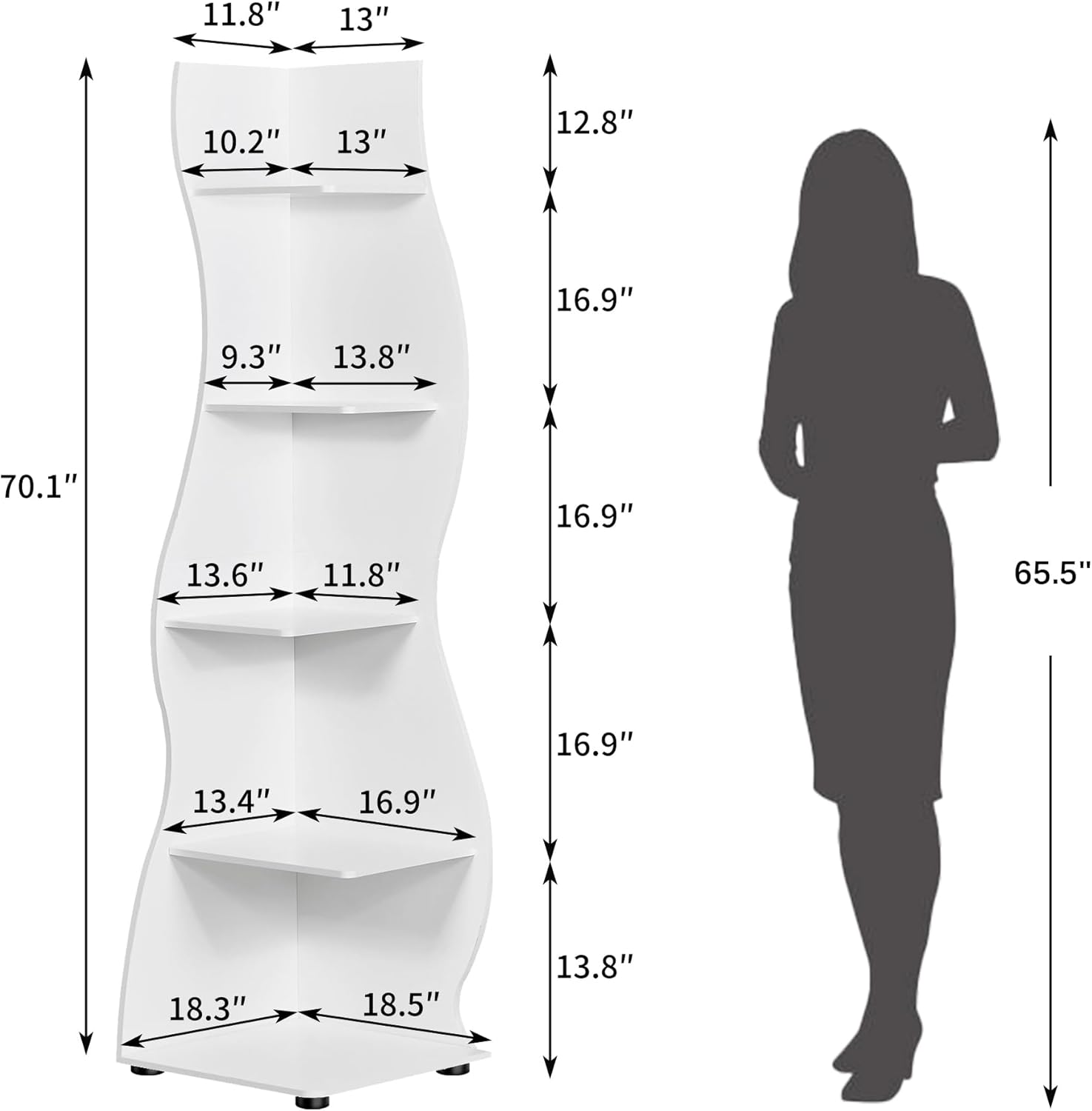 VECELO Wavy Corner Shelf, Decorative 5-Tier Storage Bookshelf