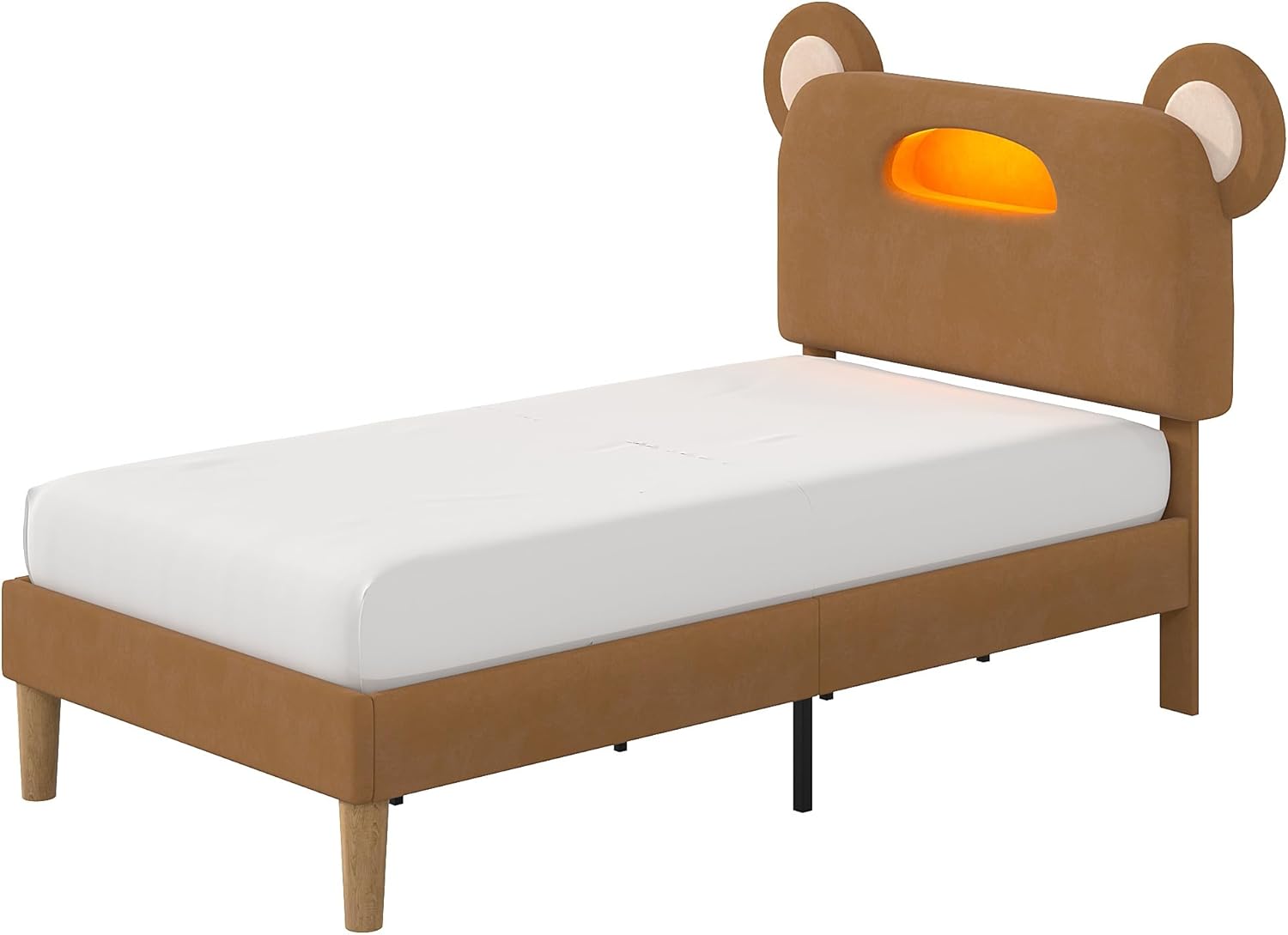 VECELO Twin Size Bed Frame with LED Light, Upholstered Platform Bedframe with Bear Adjustable Headboard
