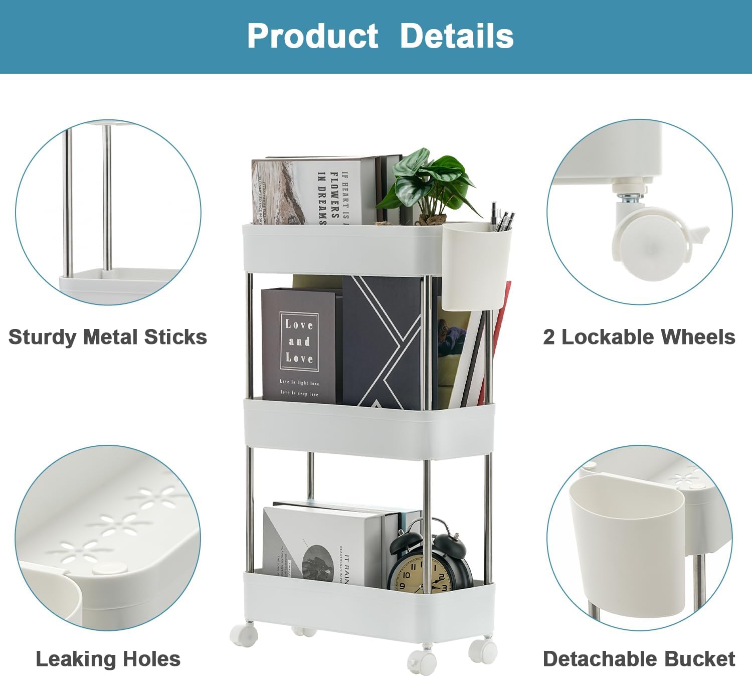 VECELO 3-Tier Storage Cart Utility Rolling Cart, Mobile Shelving Slim Unit Organizers with 360°Wheels Hooks&Hanging Cups