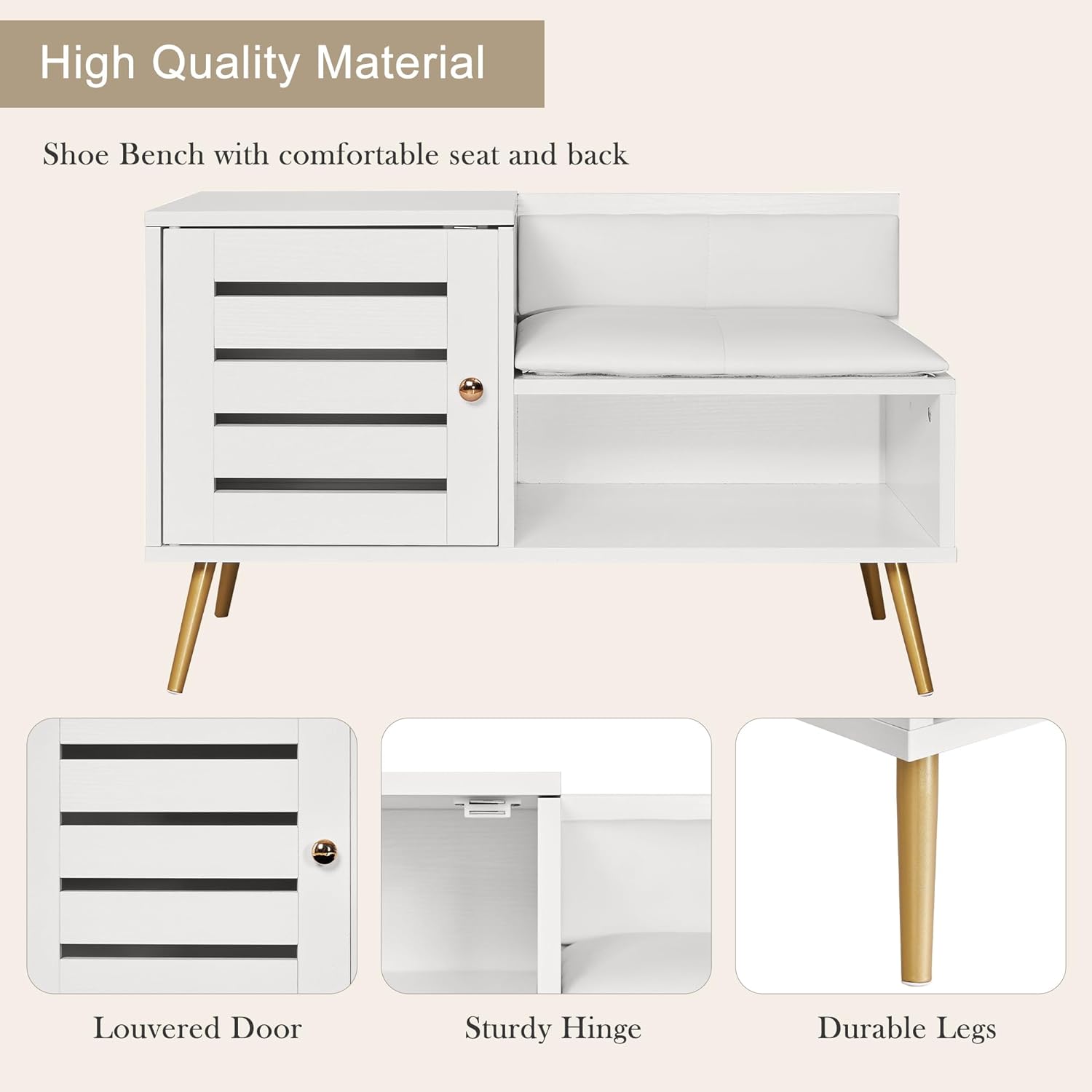 VECELO Entryway Bench with Storage Shoe Cabinet & Adjustable Shelf Louvered Door Removable PU Seat Cushion and Backrest