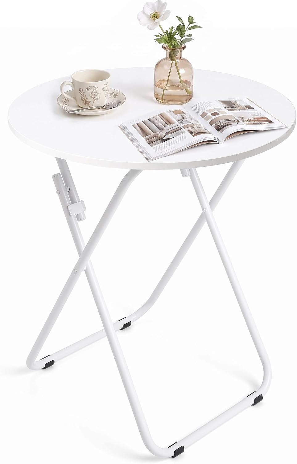 VECELO Folding Round Table, Patio Outdoor Dining Table, Wood Top Metal Frame No Assembly Required