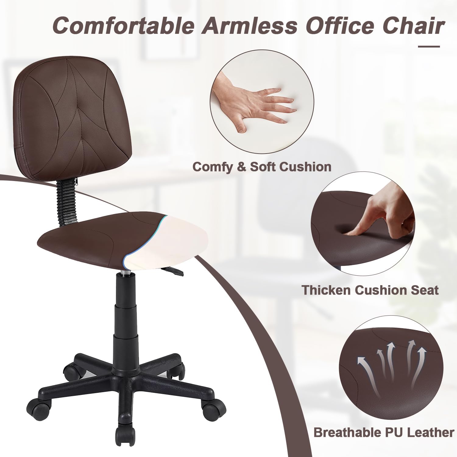 VECELO Small Desk Armless Low-Backrest PU Leather Ergonomic Computer Chair