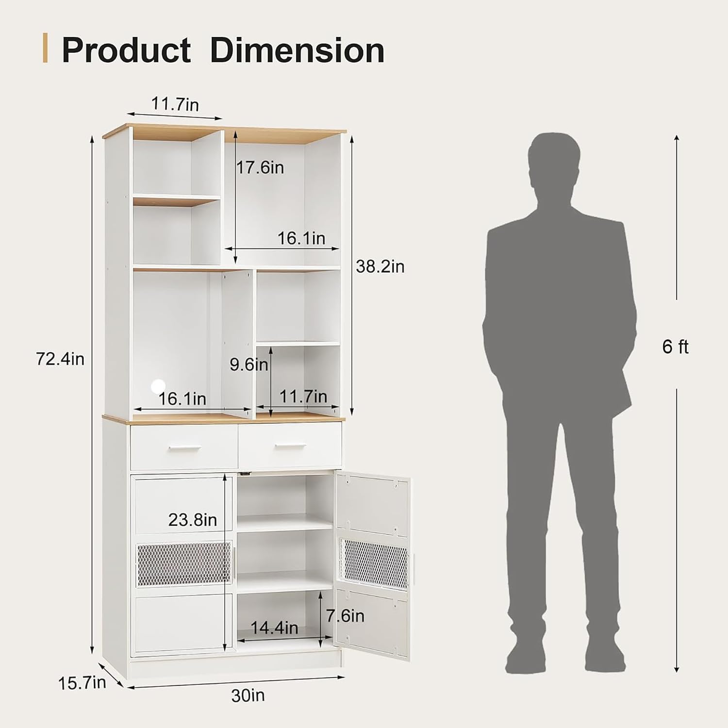 VECELO Floor Storage Cabinet 72" Free Standing Kitchen Pantry Buffet Cupboard with Multi Open Shelves and 2 Drawers