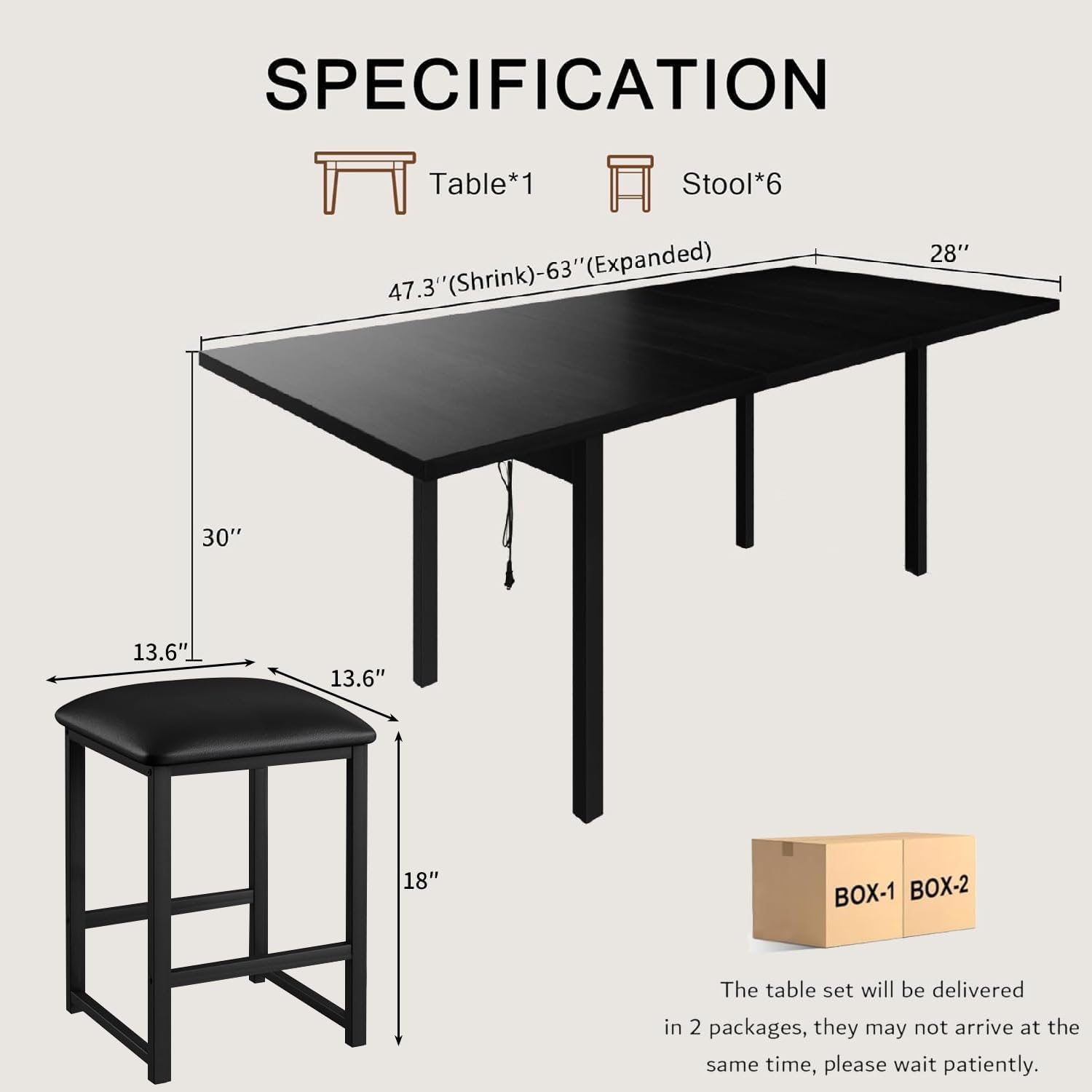 VECELO 7-Piece Dining Table Set with 6 Square Stools