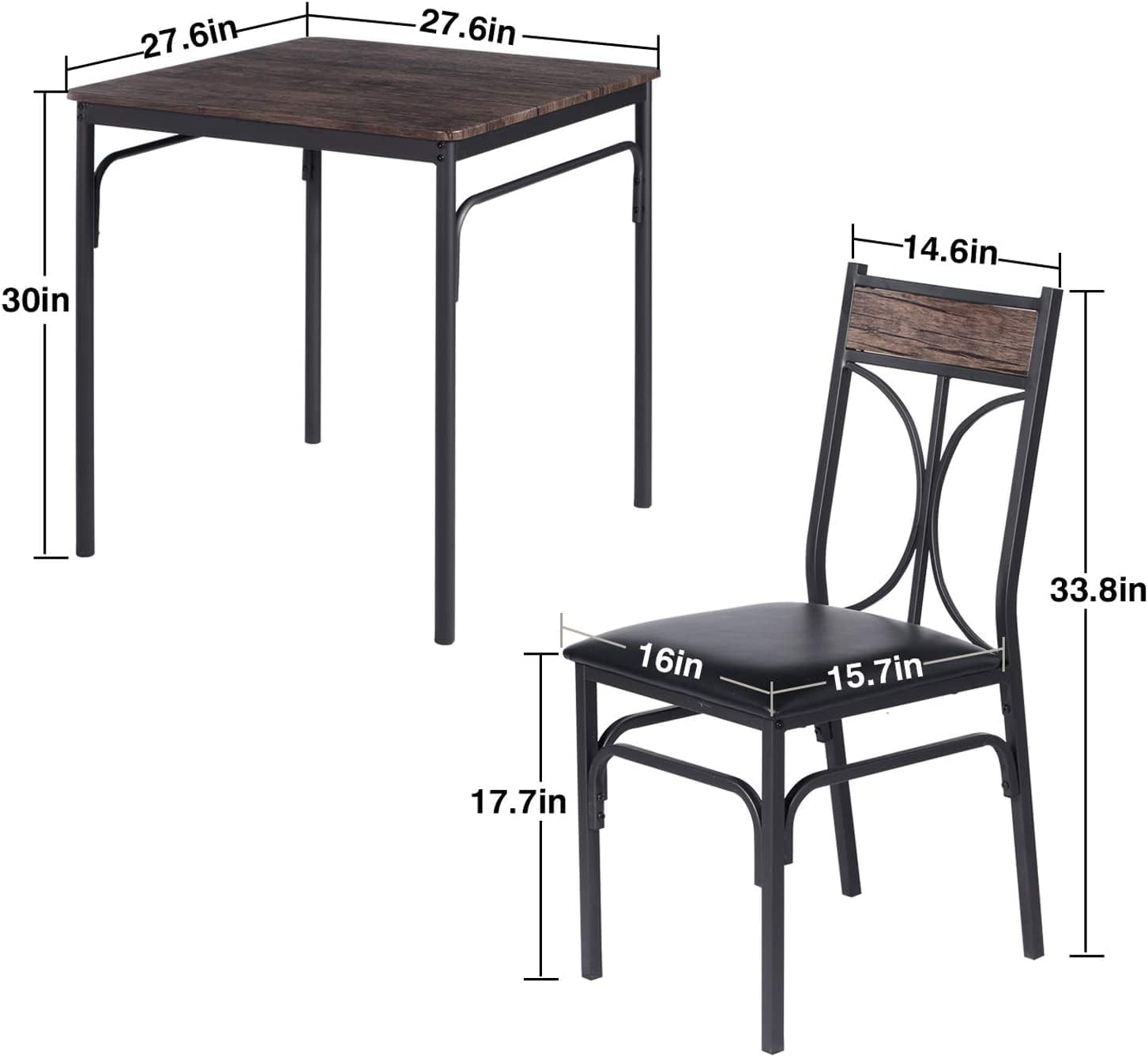 VECELO Industrial Style 3-Piece Dining Room Table Set with 2 PU Padded Chairs