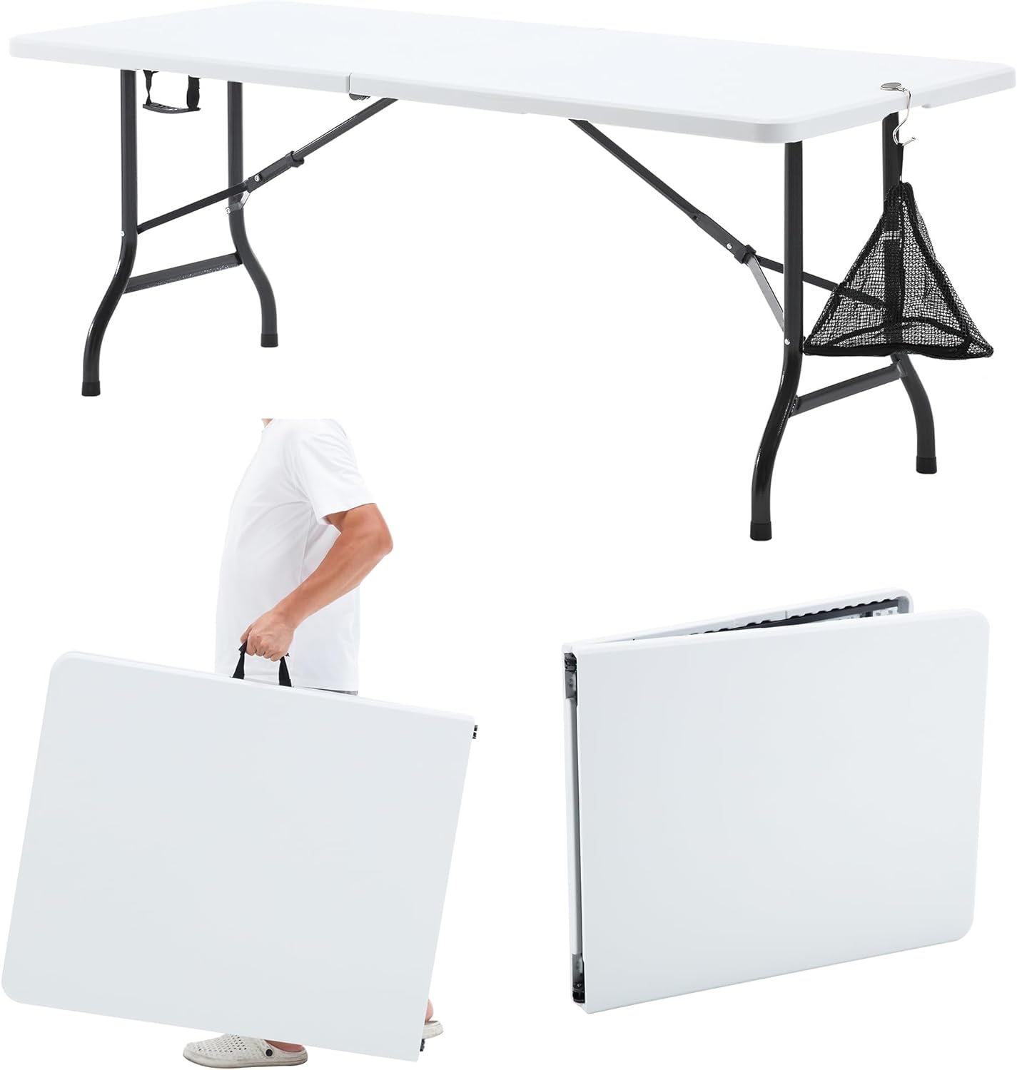 VECELO 6Ft Plastic Folding Table Heavy Duty Indoor Outdoor Portable Picnic Foldable Desk with Handle Mesh Trash Bag&Lock Legs - VECELO