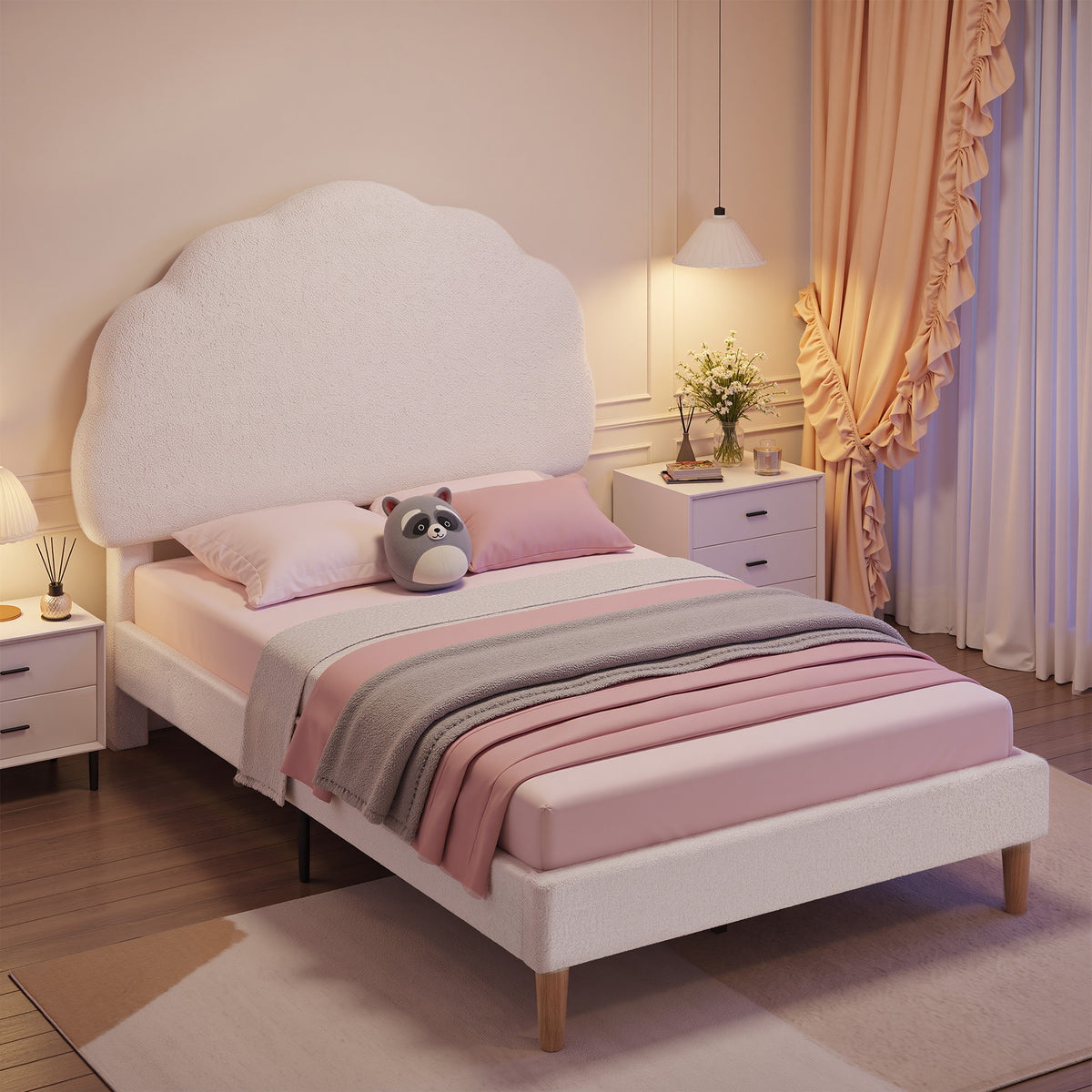 VECELO Twin Size Bed Frame, Upholstered Platform Bedframe with Height Adjustable Plush Fabric Headboard