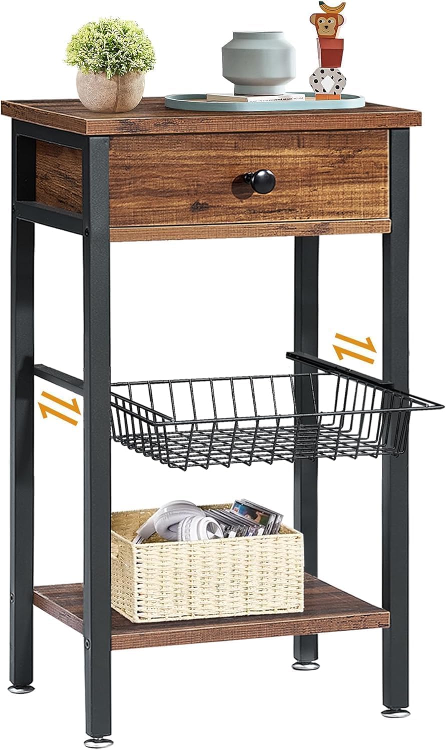 VECELO Industrial Retro Side Nightstand with Storage Shelf Tall End Ta