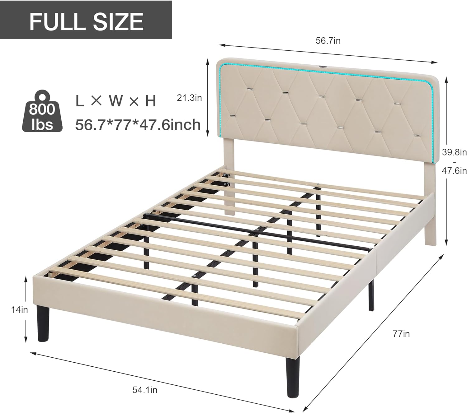 VECELO Upholstered Bed Frame with LED Lights, Charging Station, Velvet Platform Bed