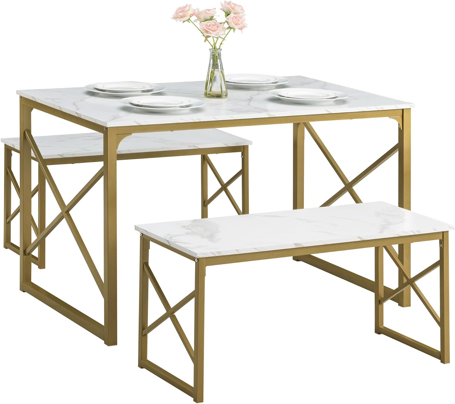 VECELO Kitchen Table with 2 Benches for 4