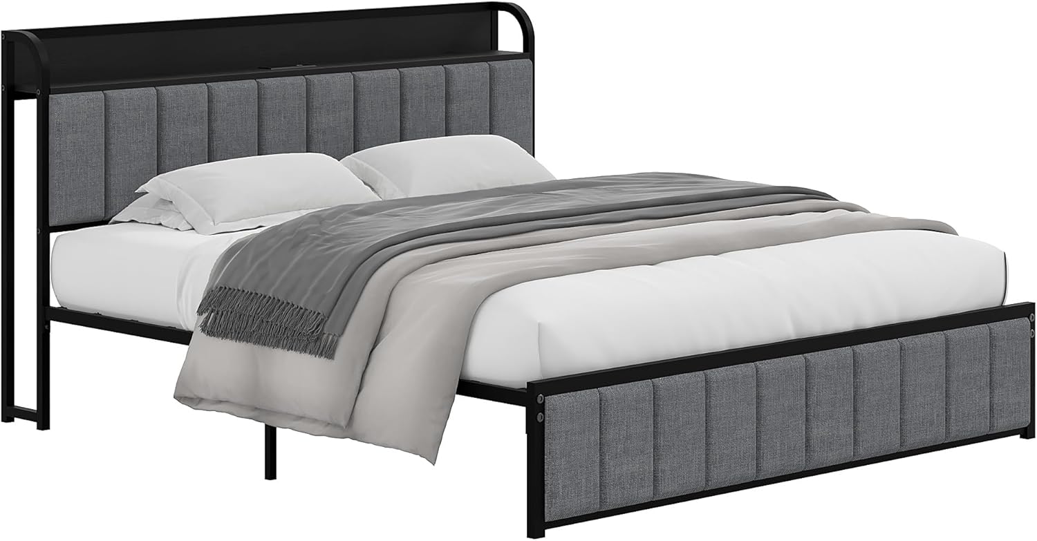 VECELO Twin Bed Frame, Storage Upholstered Headboard with Charging Station