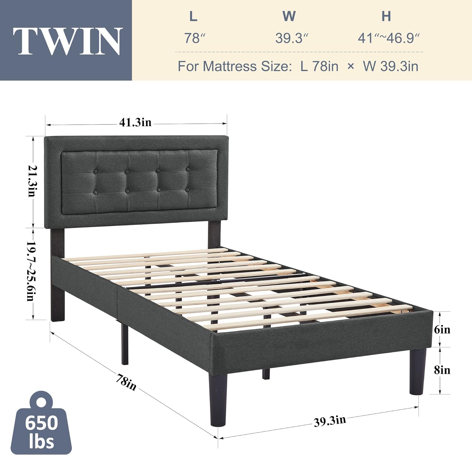 VECELO Upholstered Platform Bed Frame with Height Adjustable Headboard