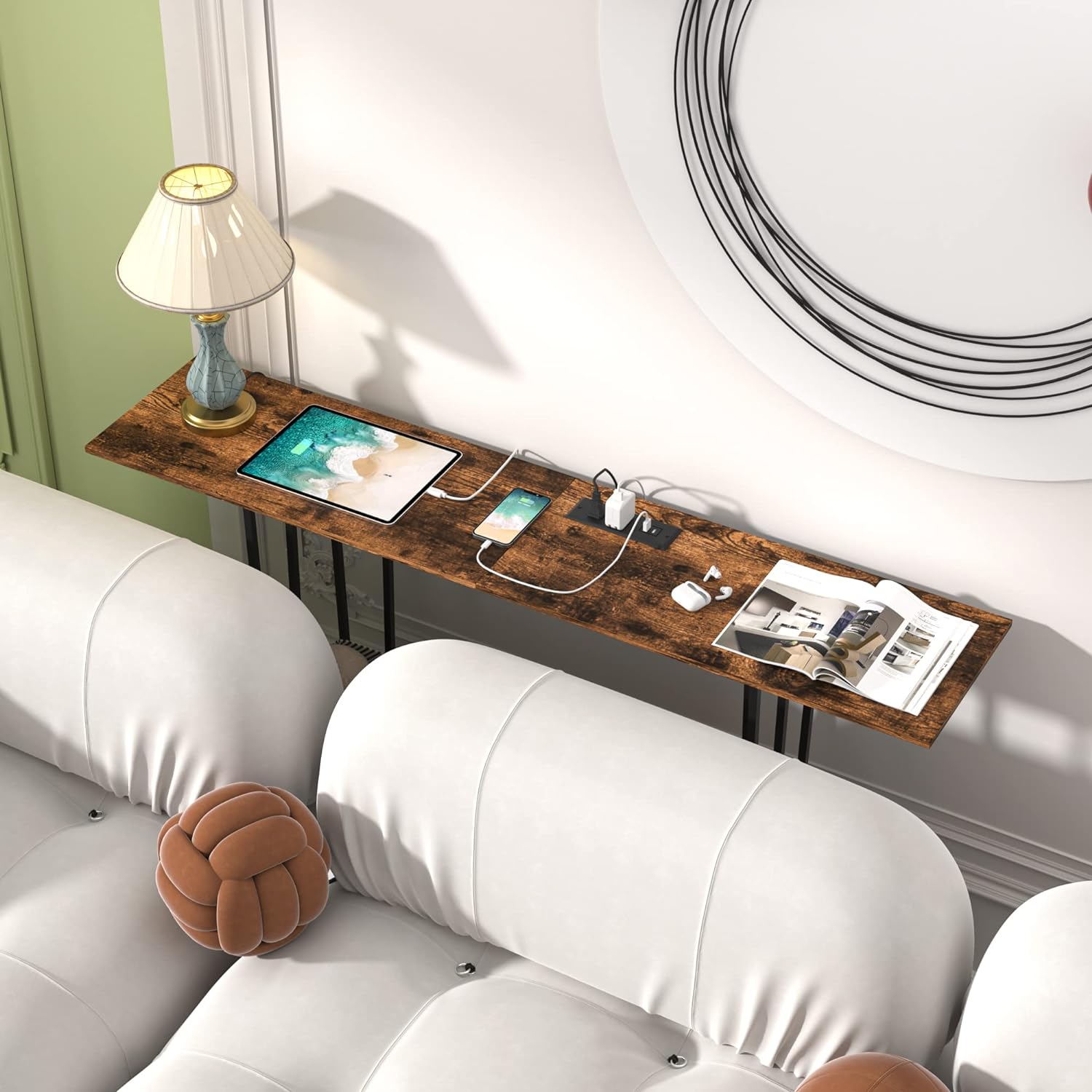 VECELO Couch Side & Console Table with 2 Outlets & 2 USB Ports