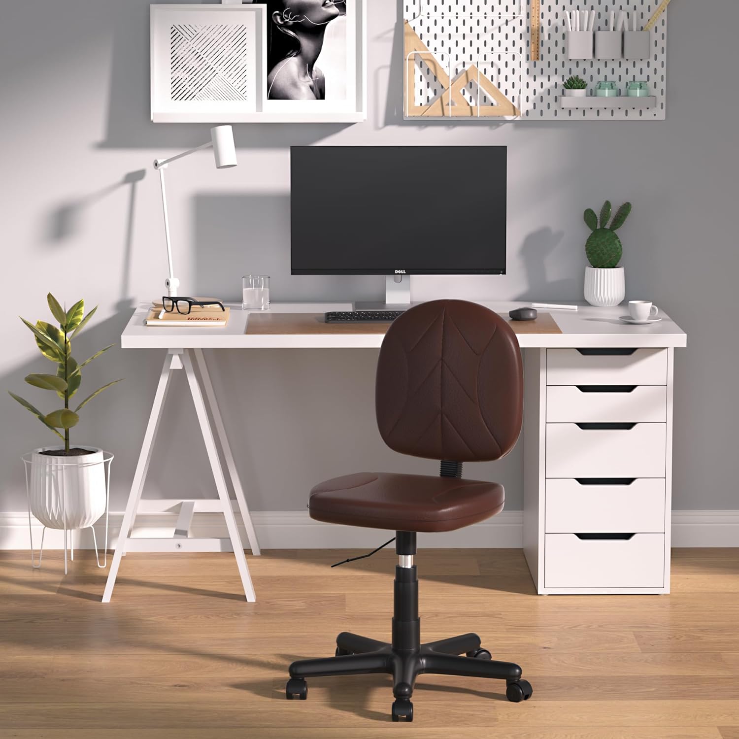 VECELO Small Desk Armless Low-Backrest PU Leather Ergonomic Computer Chair