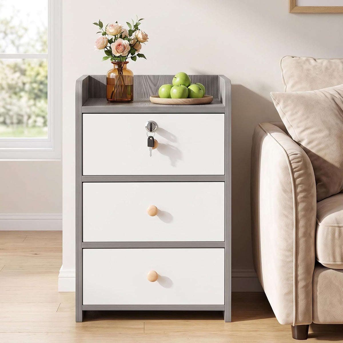 VECELO Nightstand with 3 Drawers Farmhouse End Table with Storage Bedside Night Stand for Bedroom Living Room