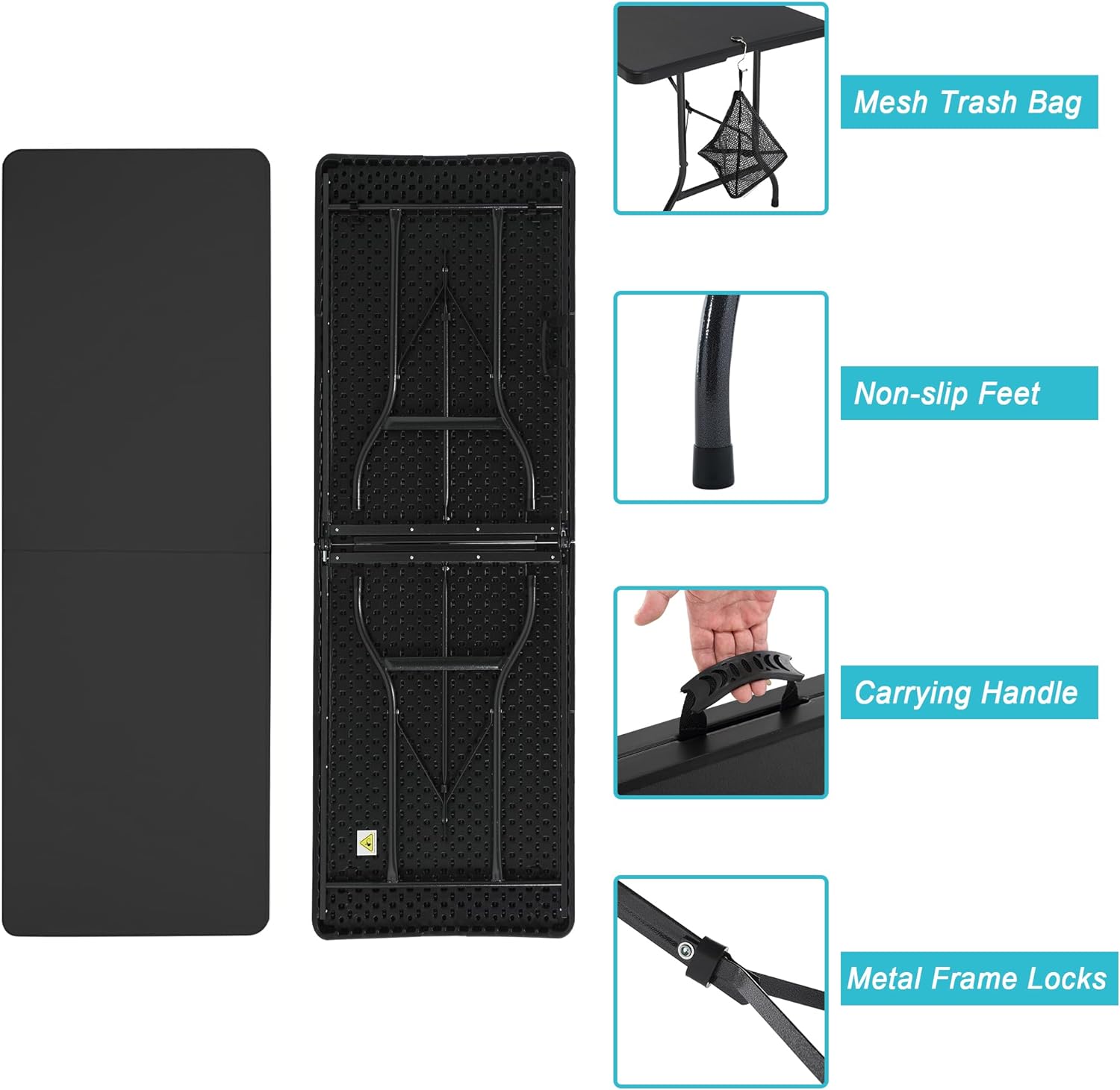 VECELO 6Ft Plastic Folding Table Heavy Duty Indoor Outdoor Portable Picnic Foldable Desk with Handle Mesh Trash Bag&Lock Legs - VECELO