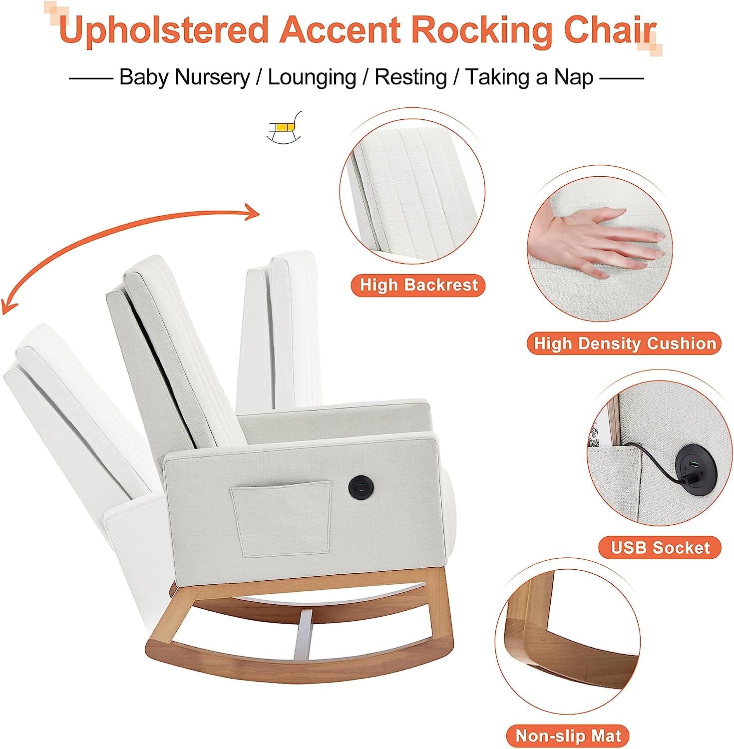 VECELO Rocking Chair Upholstered Nursery Glider Rocker High Backrest Comfy Armchair with Side Pocket and USB Port
