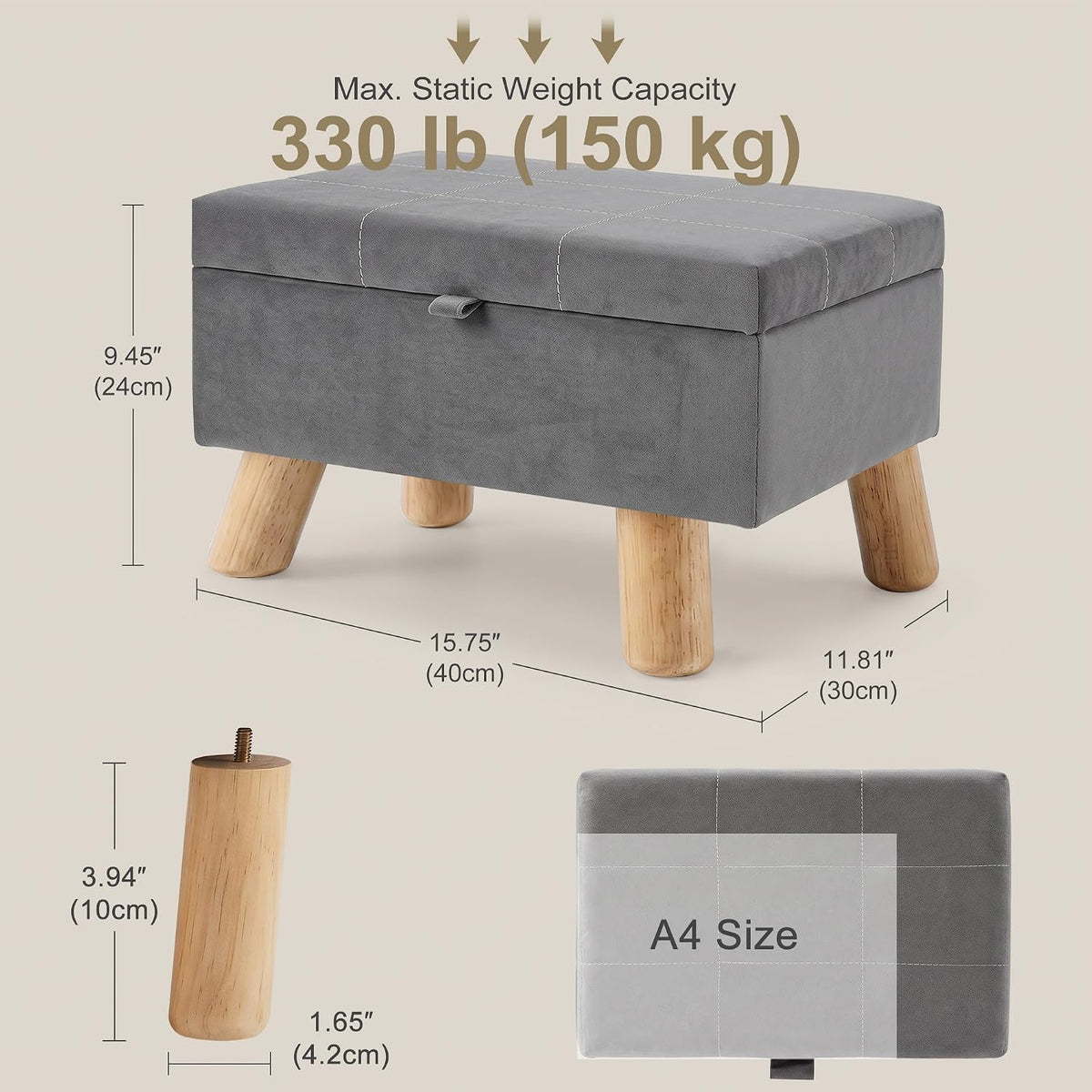 VECELO Storage Ottoman Under Desk Small Foot Stool with Wood Legs