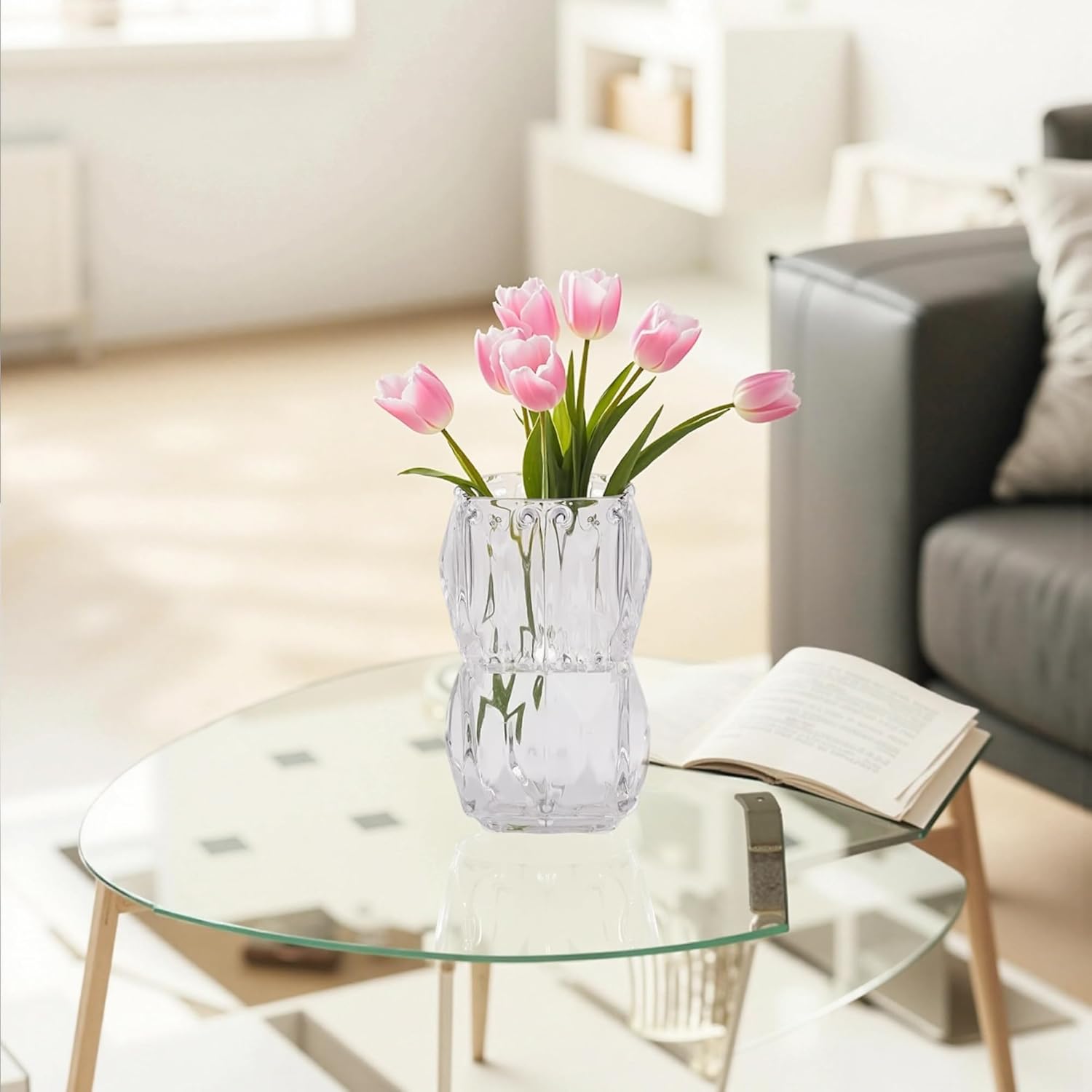 VECELO Crystal Glass Vase - Textured Clear Flower Vase