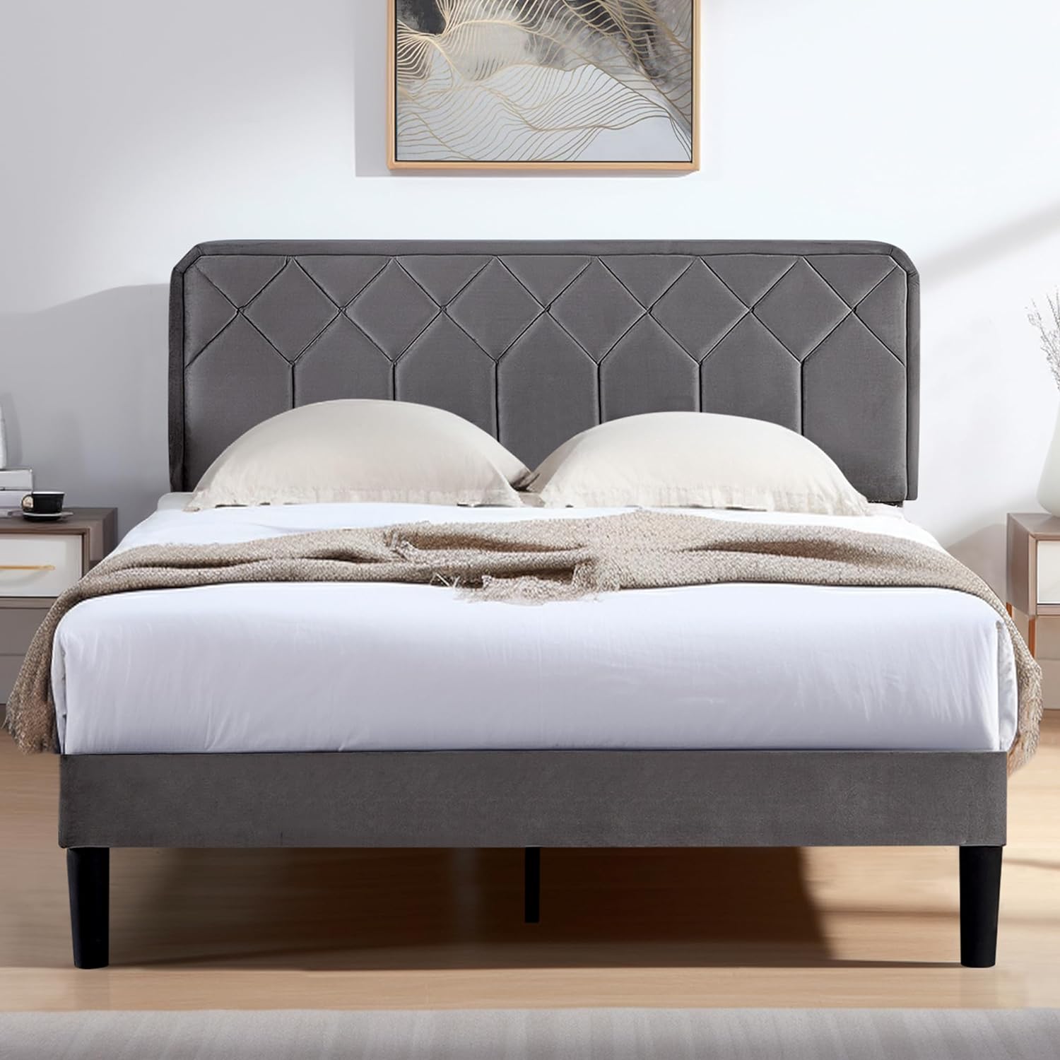 VECELO Premium Leather Upholstered Platform Bed Frame