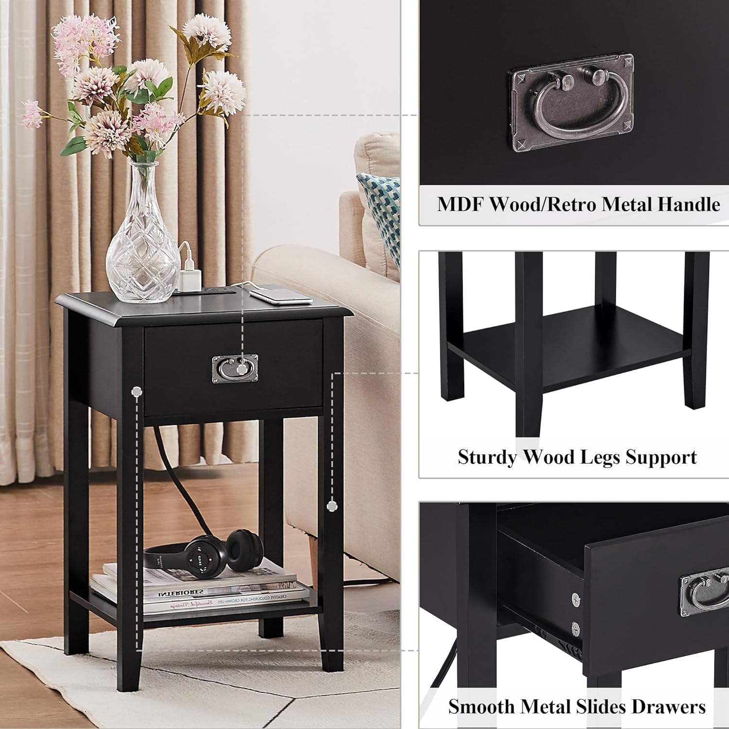VECELO Nightstand Set of 2 with Charging Station