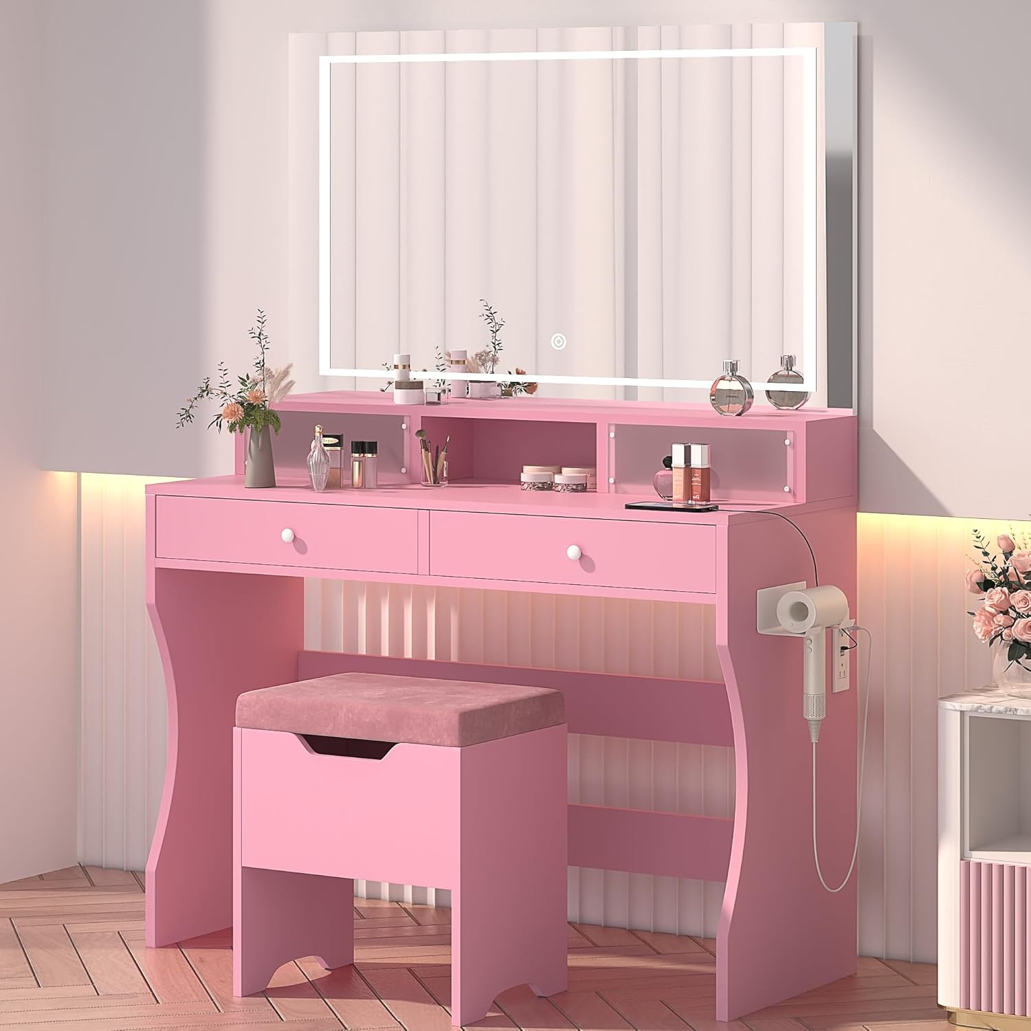 VECELO Vanity Desk with LED Lighted Mirror and Power Outlet VECELO Vanity Desk with LED Lighted Mirror and Power Outlet