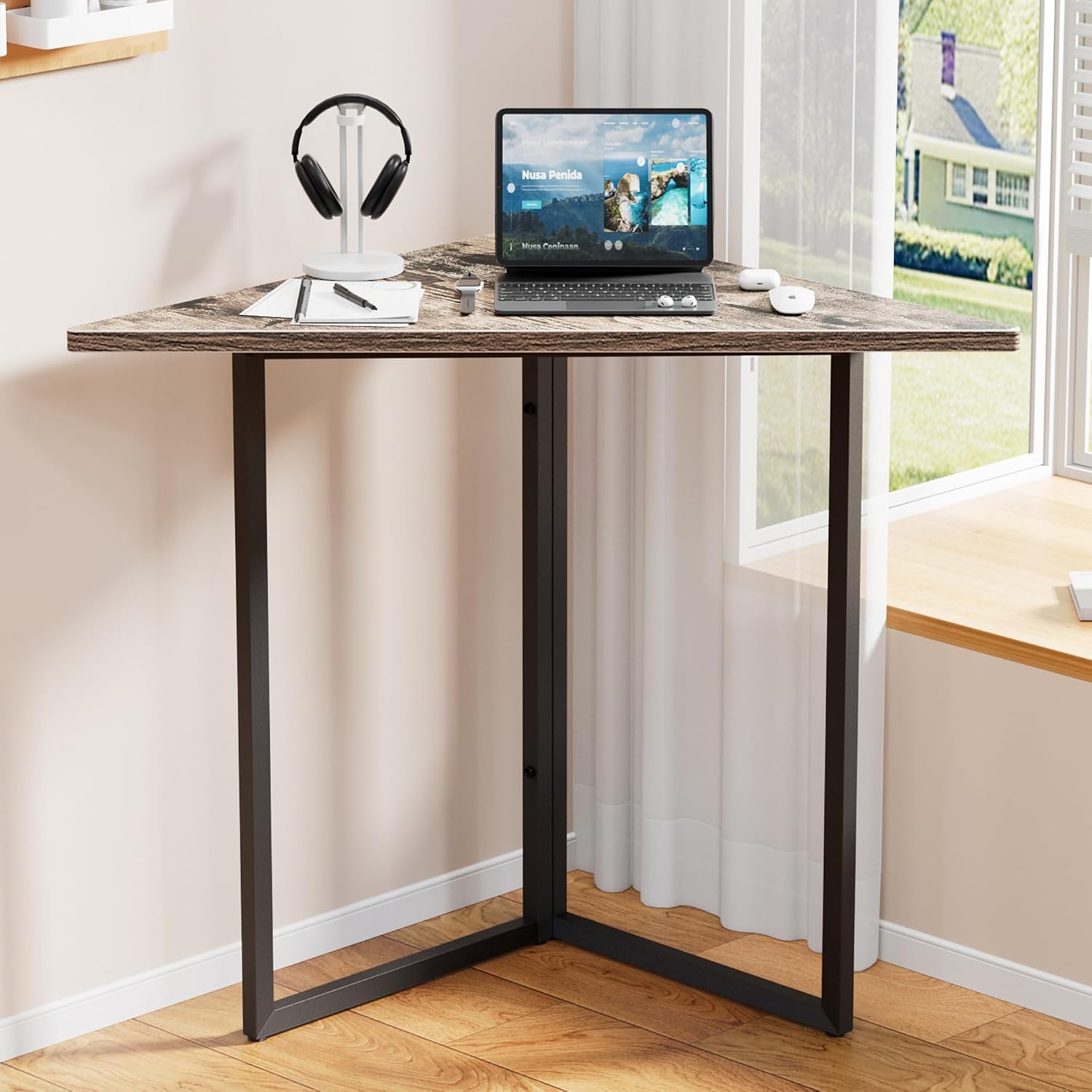 VECELO Corner Shelf, End Side Tables, Triangle Shelves with Metal Frame for Small Space